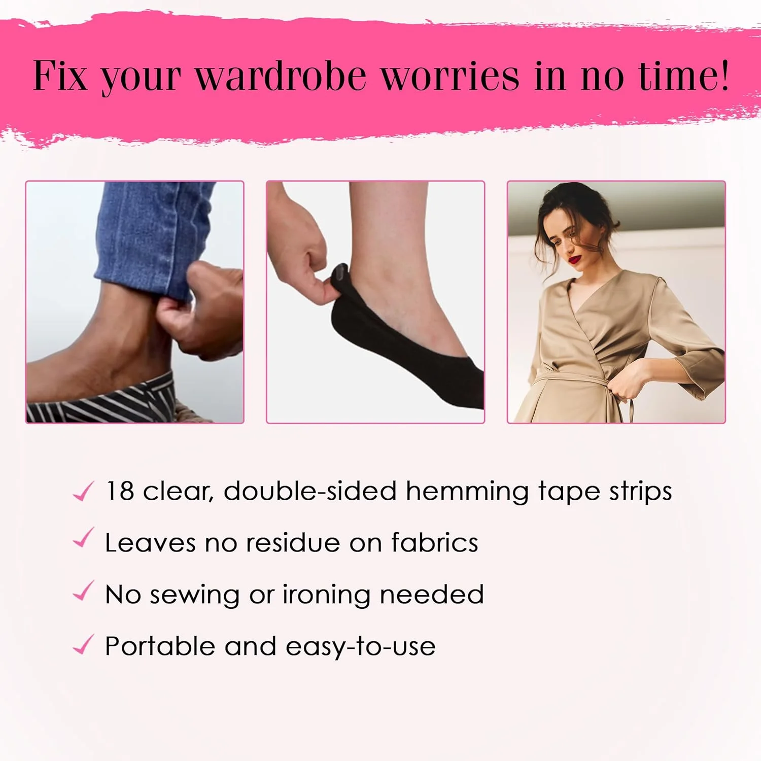 Hollywood Fashion Secrets Temporary Hem Tape, Fabric Friendly Medical-Grade Double-Stick Adhesive Strips - Ideal for Temporary Hemming of Jeans, Jacket Cuffs, Skirts, and Dresses - 18 pcs Hollywood Fashion Secrets Temporary Hem Tape, Fabric Friendly Medical-Grade Double-Stick Adhesive Strips - Ideal for Temporary Hemming of Jeans, Jacket Cuffs, Skirts, and Dresses - 18 pcs