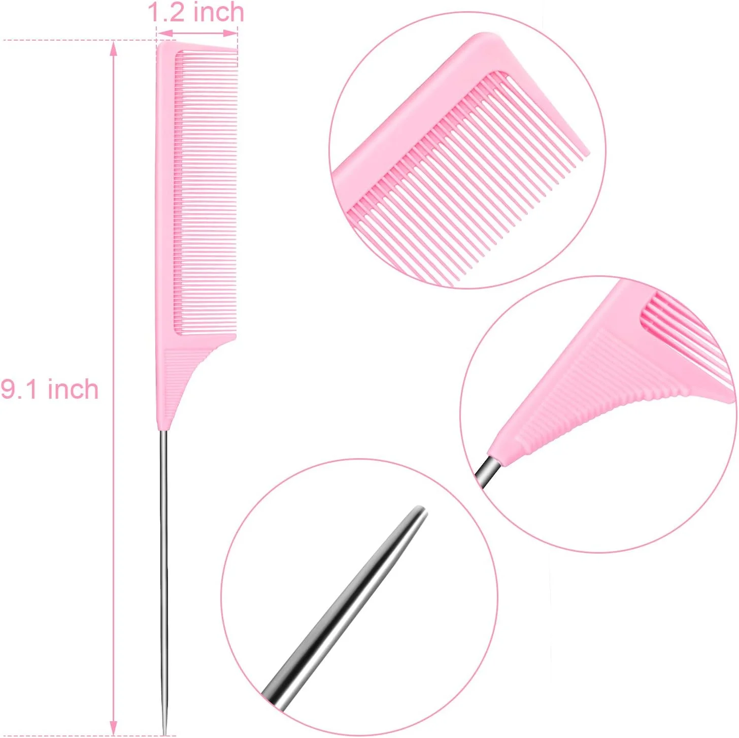 مجموعه 3 عددی شانه دم موشی Leinuosen صورتی، شانه پوش دهنده مو، شانه دم موشی لیفتینگ، شانه حالت دهنده، دم فلزی فیبر کربن و استیل ضد زنگ برای سالن آرایش یا لوازم خانگی (3 عدد)