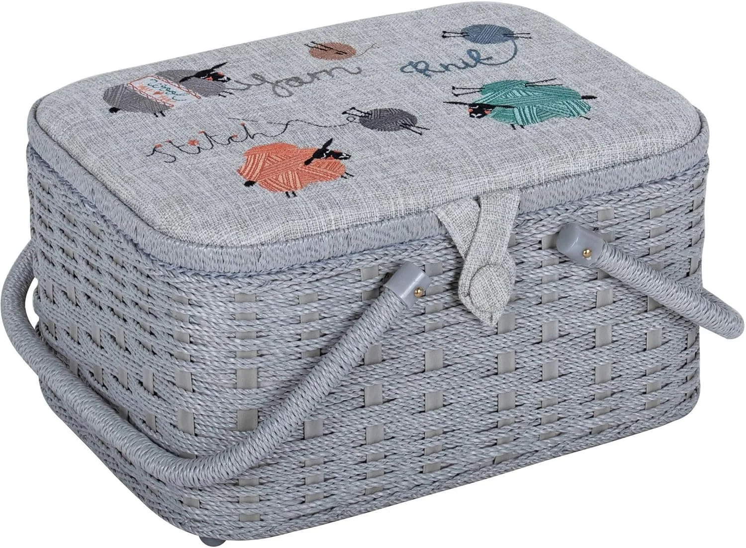 جعبه لوازم خیاطی و هنری Hobby Gift، مدل سبد حصیری با درب گلدوزی شده، طرح Knit Happens