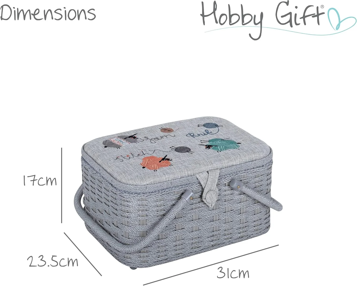 جعبه لوازم خیاطی و هنری Hobby Gift، مدل سبد حصیری با درب گلدوزی شده، طرح Knit Happens جعبه لوازم خیاطی و هنری Hobby Gift، مدل سبد حصیری با درب گلدوزی شده، طرح Knit Happens