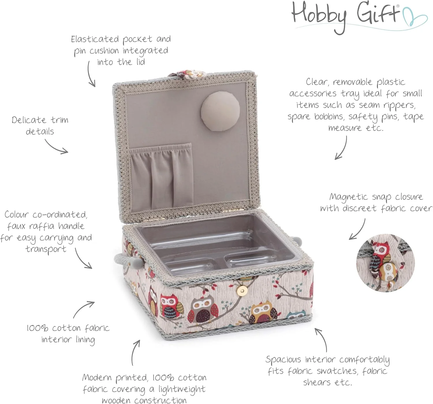 جعبه لوازم خیاطی کوچک Hobby Gift، طرح جغد، 20x20x11 سانتی متر جعبه لوازم خیاطی کوچک Hobby Gift، طرح جغد، 20x20x11 سانتی متر
