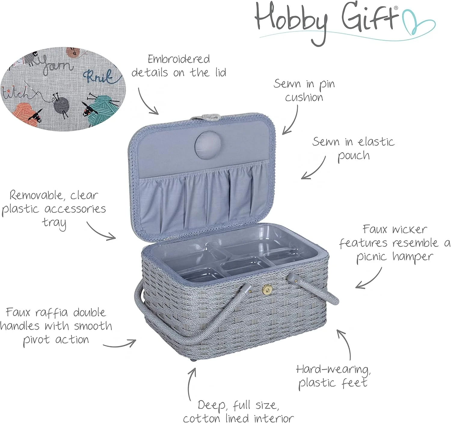 جعبه لوازم خیاطی و هنری Hobby Gift، مدل سبد حصیری با درب گلدوزی شده، طرح Knit Happens جعبه لوازم خیاطی و هنری Hobby Gift، مدل سبد حصیری با درب گلدوزی شده، طرح Knit Happens