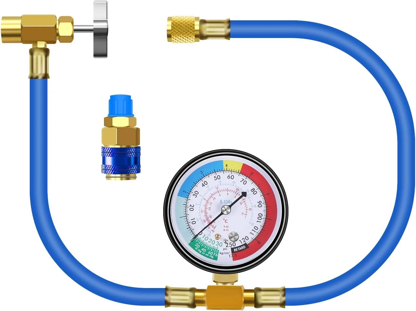 شلنگ شارژ AC جیفیتور با گیج برای R134A، کیت شارژ مبرد HVAC خودرو، شلنگ شارژ U تهویه مطبوع خودرو، فشارسنج پایین با اتصالات 1/4 اینچ، شیر قوطی، کوپلینگ سریع، طول 23 اینچ