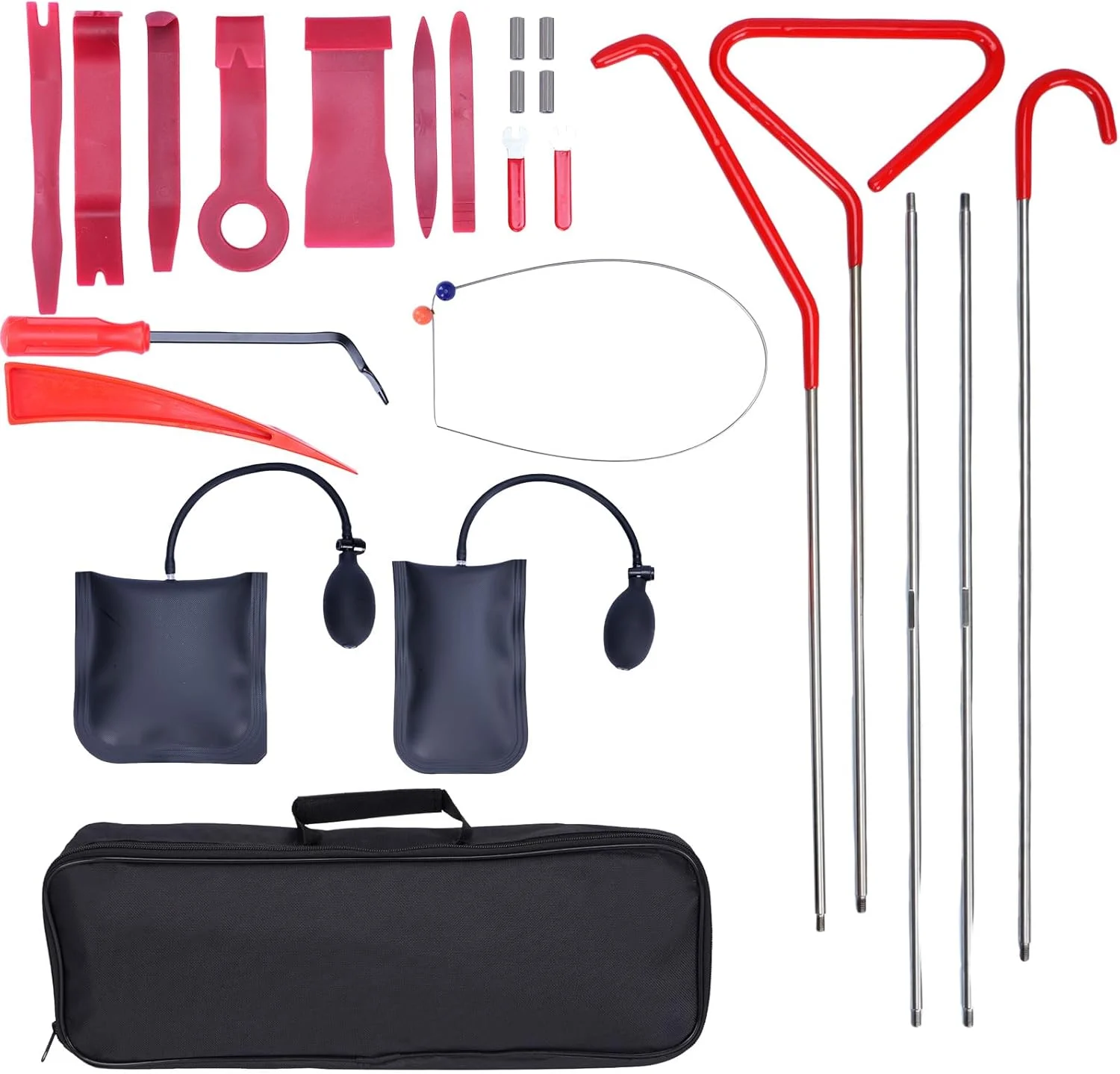 جعبه ابزار خودرو Goumthe، 24 قطعه، کیت تعمیرات اضطراری حرفه ای خودرو، کیت ضروری باز کردن قفل خودرو با گیره بلند، پمپ بادی، قلاب J، ابزار جدا کردن تریم، کیف نگهداری برای درها و پنجره های خودرو