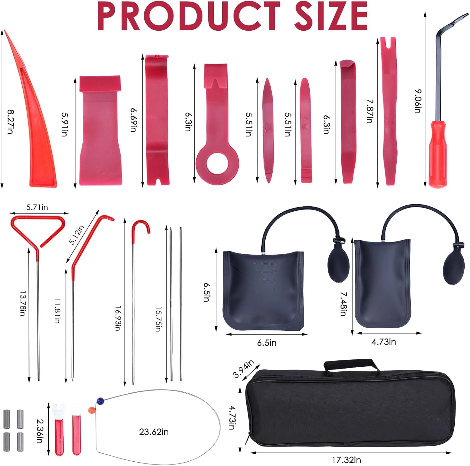 جعبه ابزار خودرو Goumthe، 24 قطعه، کیت تعمیرات اضطراری حرفه ای خودرو، کیت ضروری باز کردن قفل خودرو با گیره بلند، پمپ بادی، قلاب J، ابزار جدا کردن تریم، کیف نگهداری برای درها و پنجره های خودرو