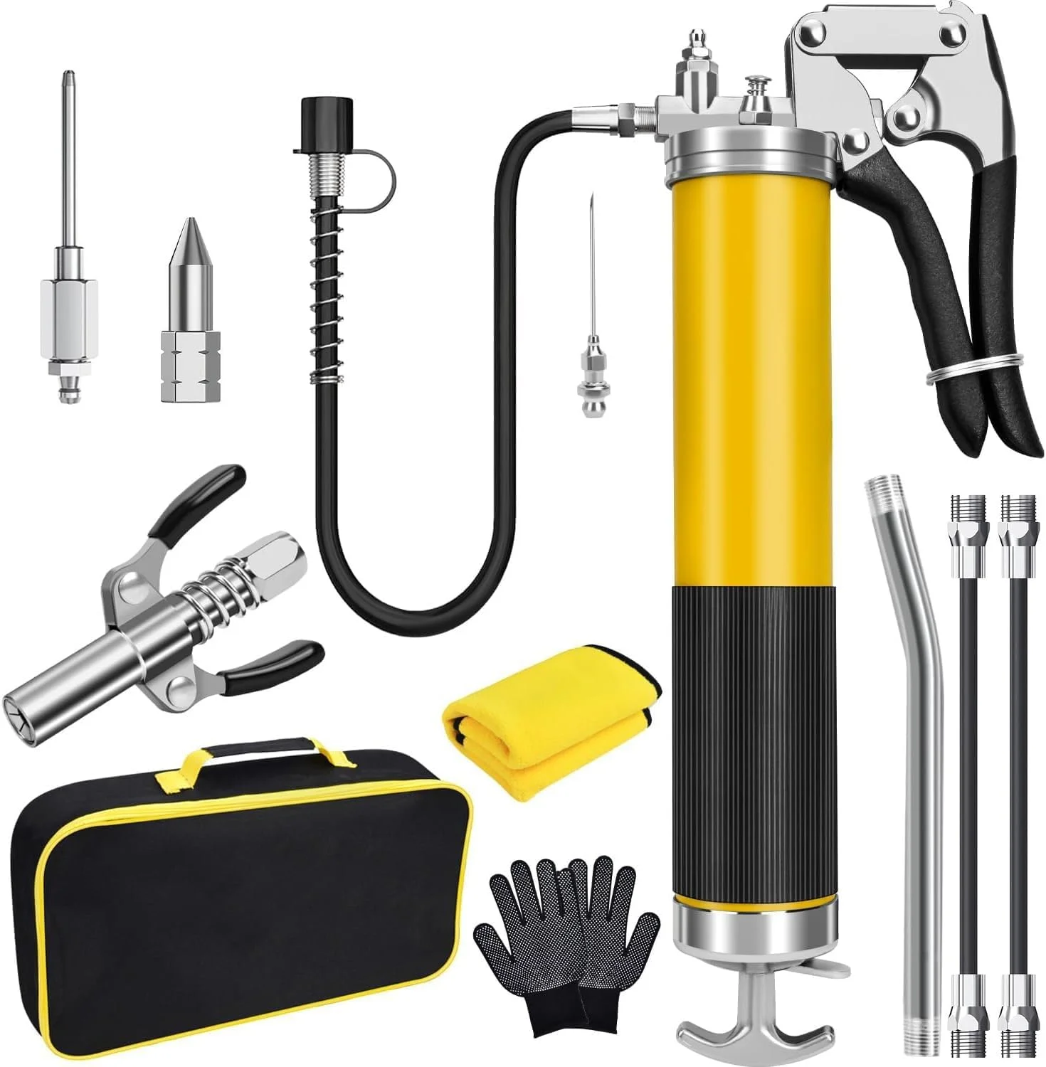 مجموعه گریس پمپ GOGOBAO، گریس پمپ اهرمی ضد نشت 8000 PSI با کوپلینگ قفل شونده، شلنگ فنری انعطاف پذیر 18 اینچی، ظرفیت 14oz، 2 شلنگ استاندارد، انژکتور گریس، سوزن، کوپلینگ، لوله سخت، نازل تیز