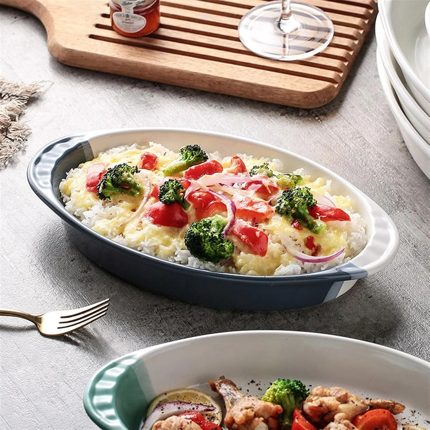 ظرف پخت سرامیکی خلاقانه، بشقاب برنج پخته شده با پنیر، بشقاب دو گوش برای مایکروویو، بشقاب سبزیجات، ظروف، کاسه پخت و پز خانگی فر سرامیکی (آبی،