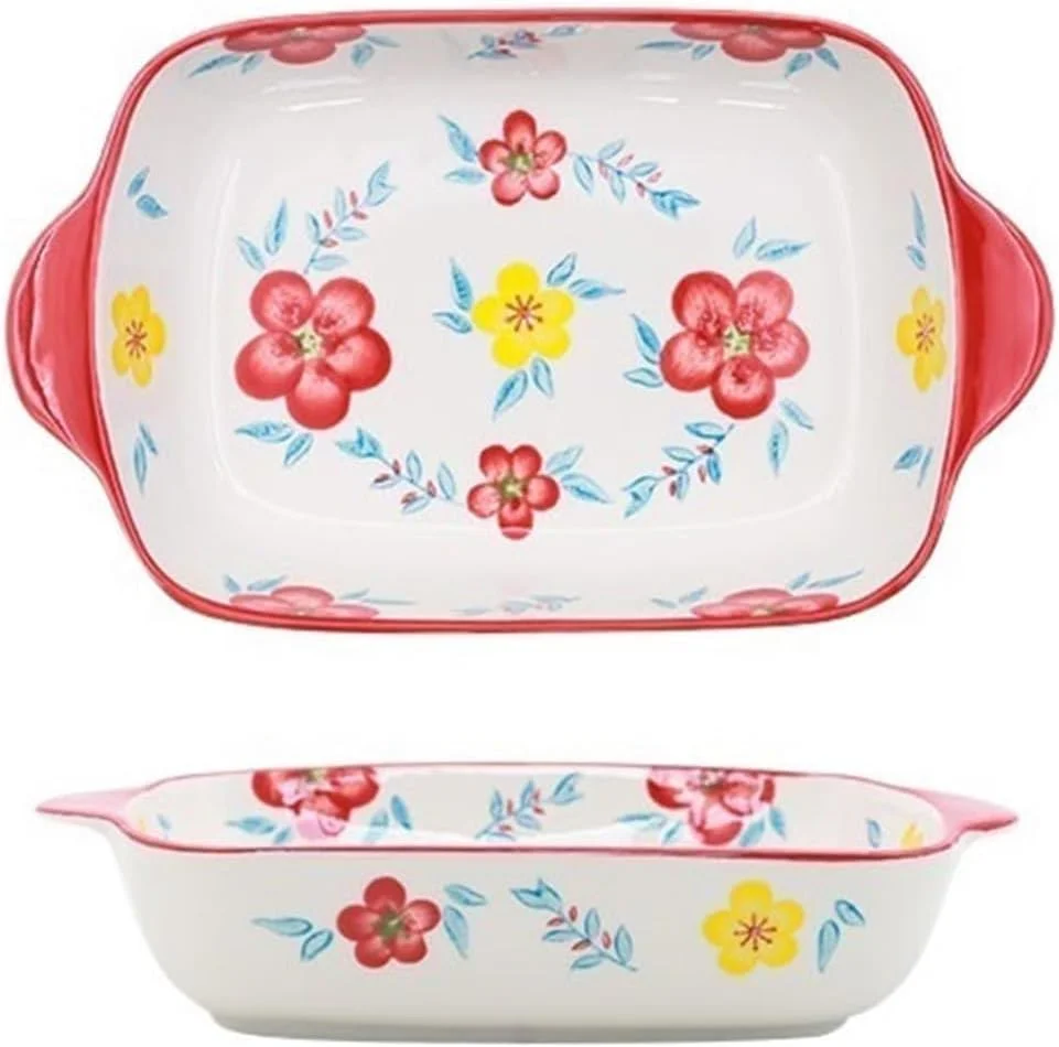 قالب مستطیلی سرامیکی گریل برای پخت برنج سرخ شده با پنیر، طرح گل های نقاشی شده دستی، مناسب مایکروویو، ظرف مخصوص پخت و پز (قرمز)
