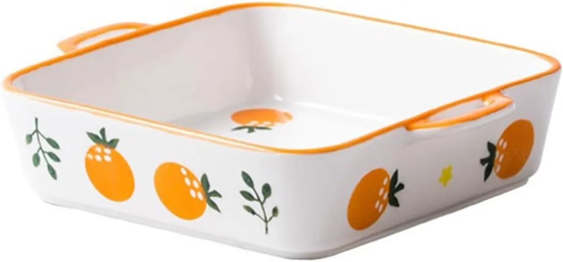 سینی فر JUNCHENG1008، ظرف پخت سرامیکی خانگی، ظرف مخصوص فر، ظرف مستطیلی با دو دسته، ظرف پخت اسپاگتی، سینی فر سرامیکی (نارنجی، 800 میلی لیتر)