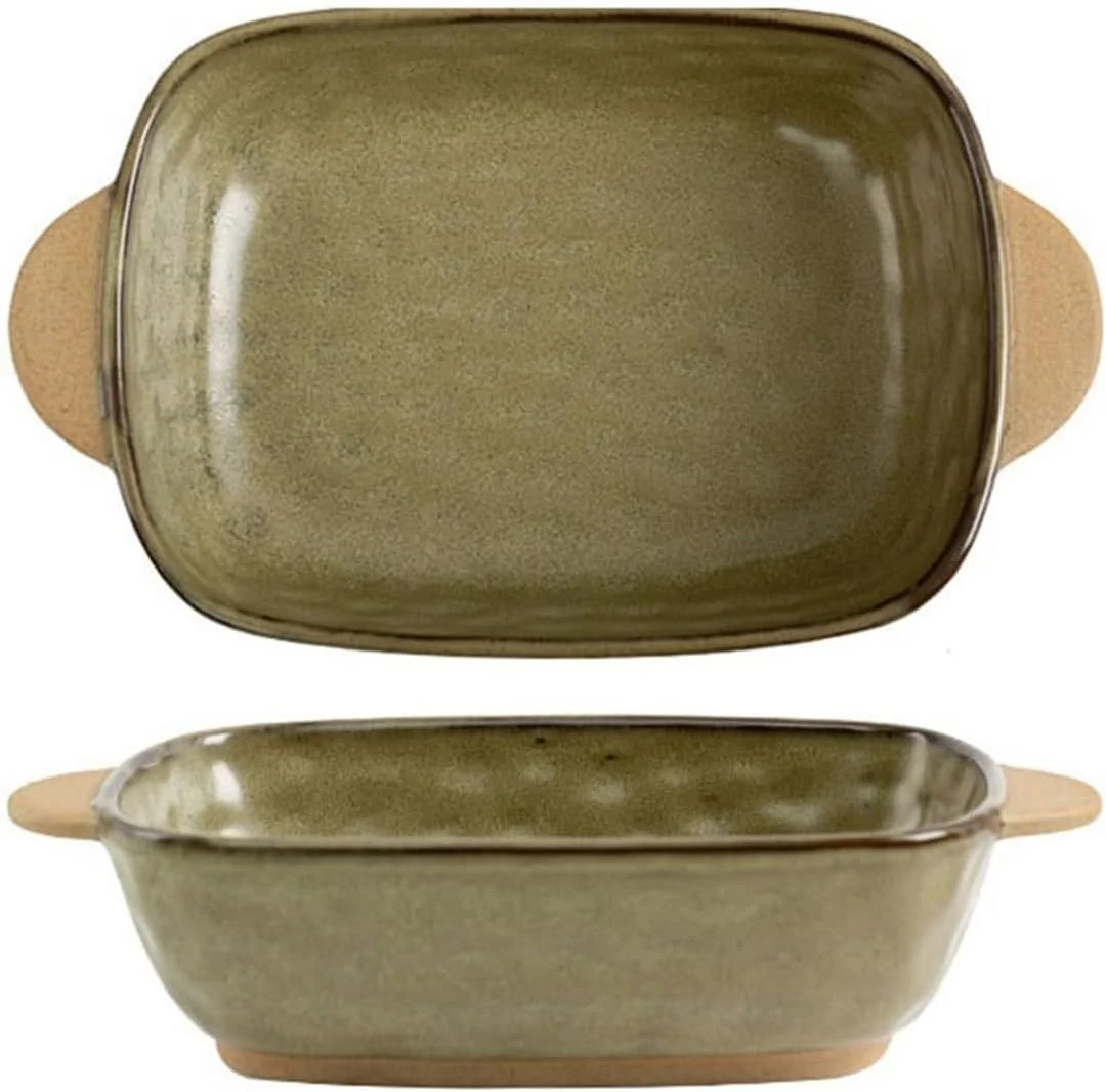 سینی فر JUNCHENG1008، ظرف پخت مستطیلی سرامیکی با دو دسته، ظرف پخت عمیق با طرح قدیمی، کاسه مناسب فر و مایکروویو، بشقاب سرامیکی (سبز، 680 میلی لیتر)