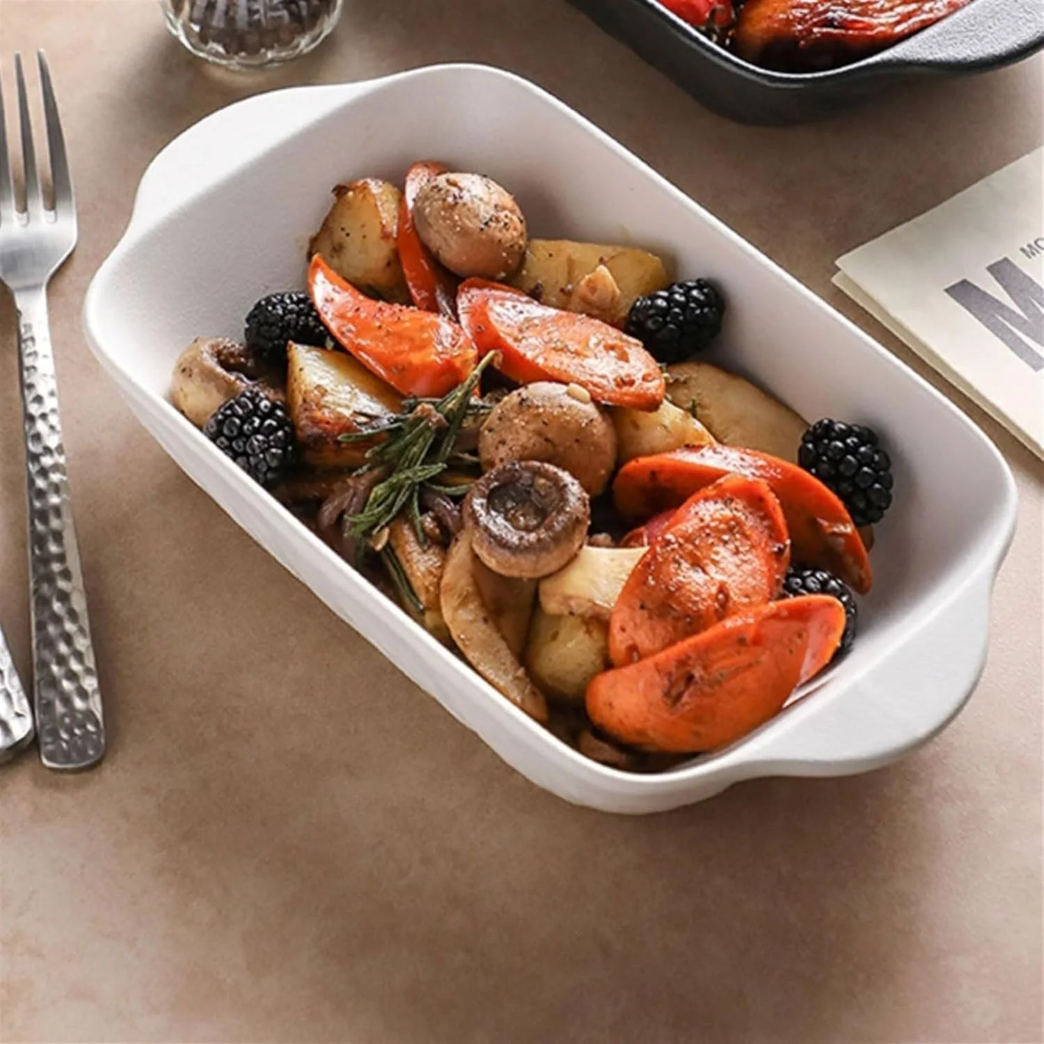 ظرف فر مستطیلی با دو دسته، کاسه پخت، بشقاب پخت، فر، ظروف مایکروویو، تابه سرامیکی، بشقاب برنج و پنیر تخت سرامیکی (سفید)