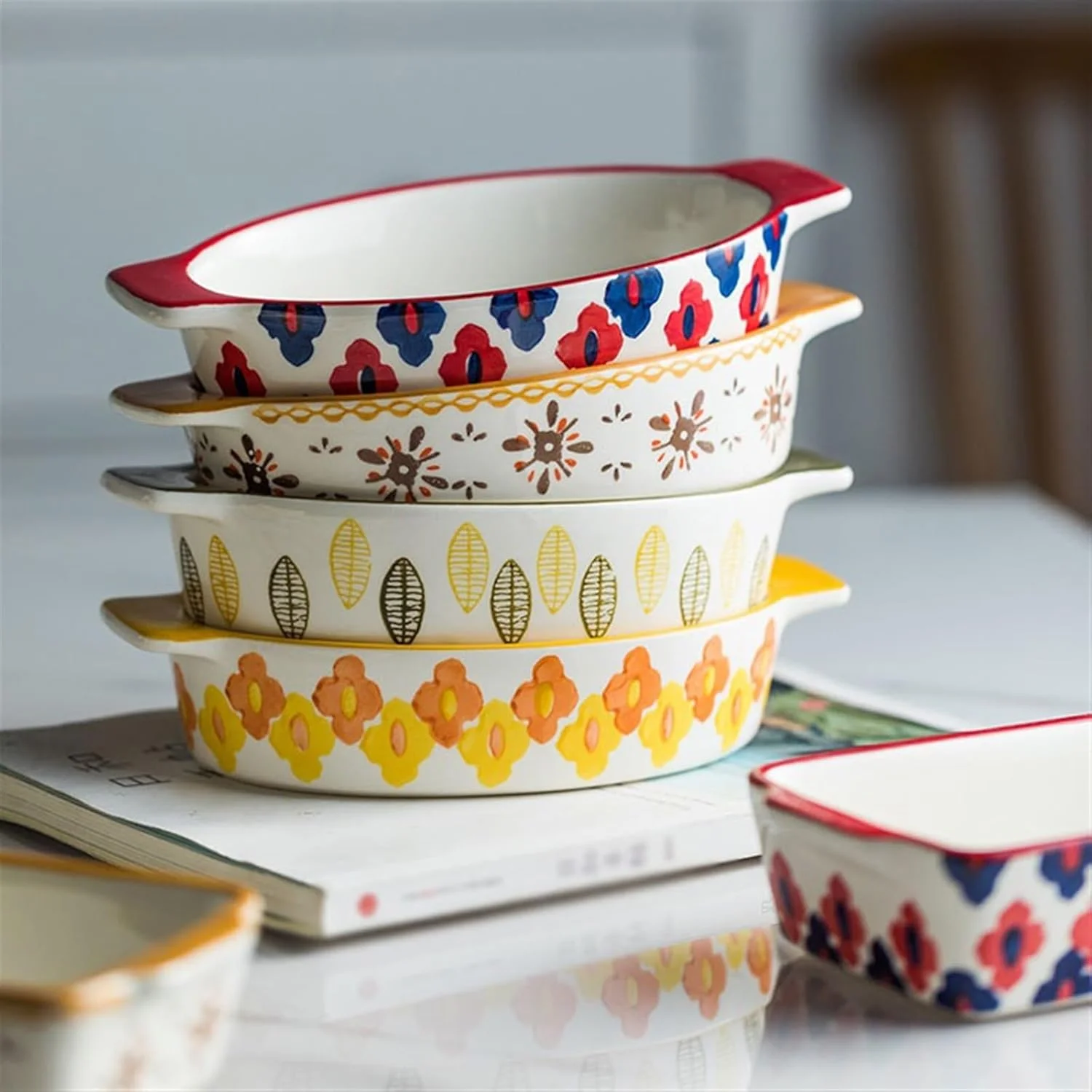 ظرف پخت مستطیلی JUNCHENG1008، ظرف سرامیکی بیضی شکل 420 میلی لیتری برای پخت برنج پنیری، بشقاب اسپاگتی خلاقانه، ظرف پخت سبزیجات با دو دسته، ظرف پخت سرامیکی (زرد)