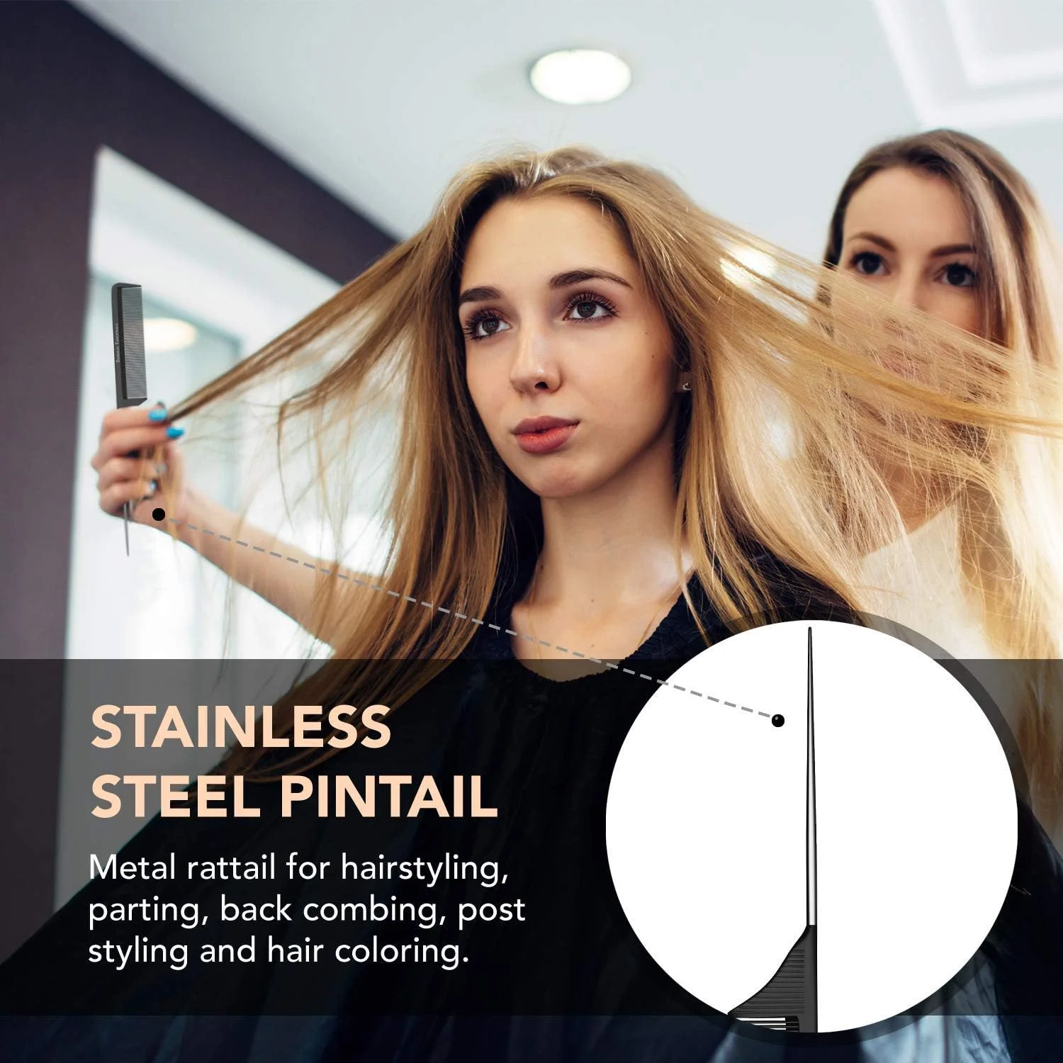 شانه دم باریک حرفه ای 8.8 اینچی خوشی - فیبر کربن مشکی و دم فلزی استیل - شانه پوش دهی مقاوم در برابر مواد شیمیایی و حرارت - شانه دم موشی سبک وزن برای انواع مو