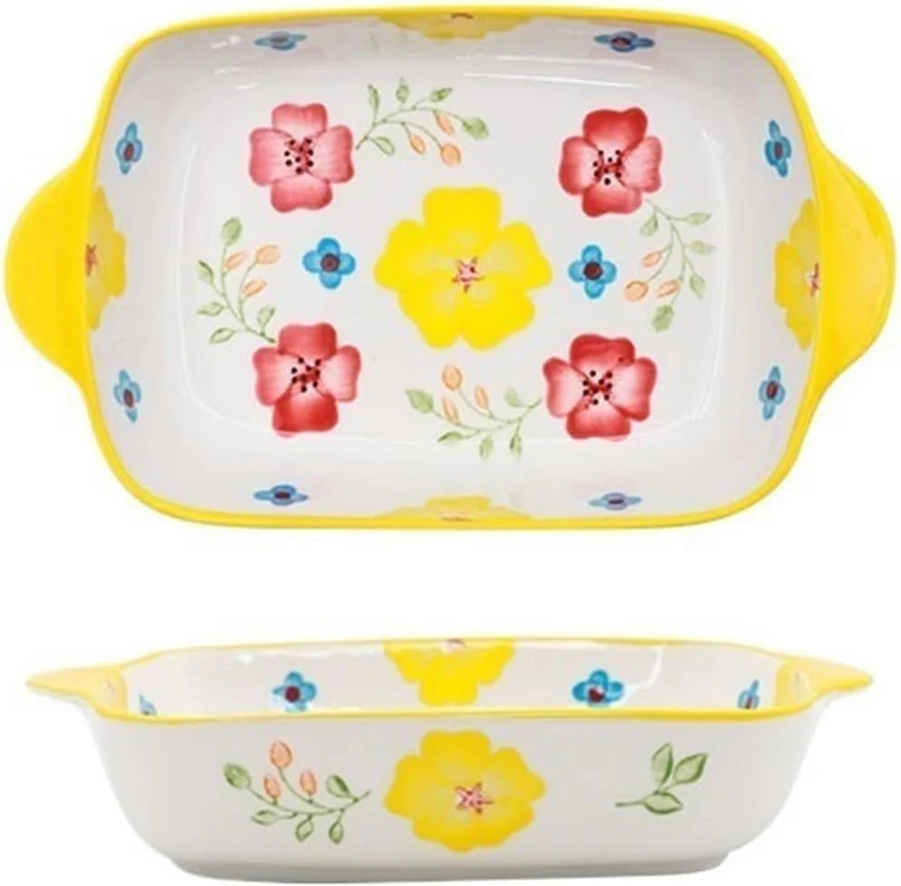 ظرف فر جونچنگ 1008، ظرف پخت برنج، سرامیکی مستطیلی، گل های نقاشی شده با دست، مناسب مایکروویو، ظرف سرامیکی مخصوص فر (آبی)