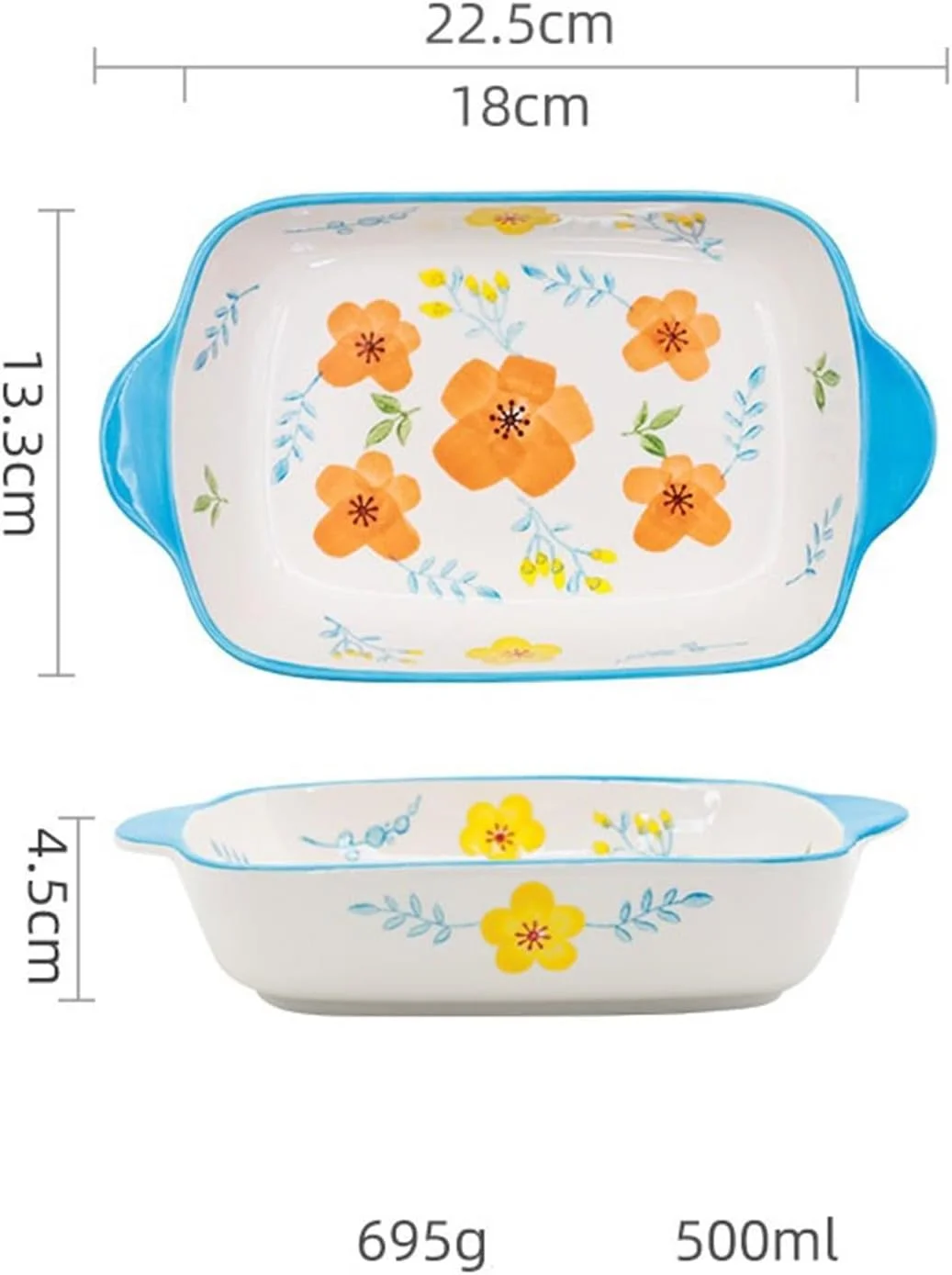 ظرف فر جونچنگ 1008، ظرف پخت برنج، سرامیکی مستطیلی، گل های نقاشی شده با دست، مناسب مایکروویو، ظرف سرامیکی مخصوص فر (آبی)