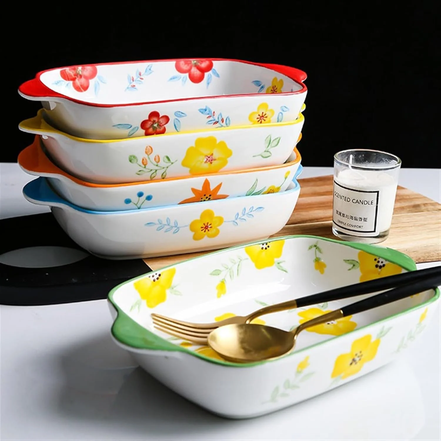 ظرف فر جونچنگ 1008، ظرف پخت برنج، سرامیکی مستطیلی، گل های نقاشی شده با دست، مناسب مایکروویو، ظرف سرامیکی مخصوص فر (آبی)