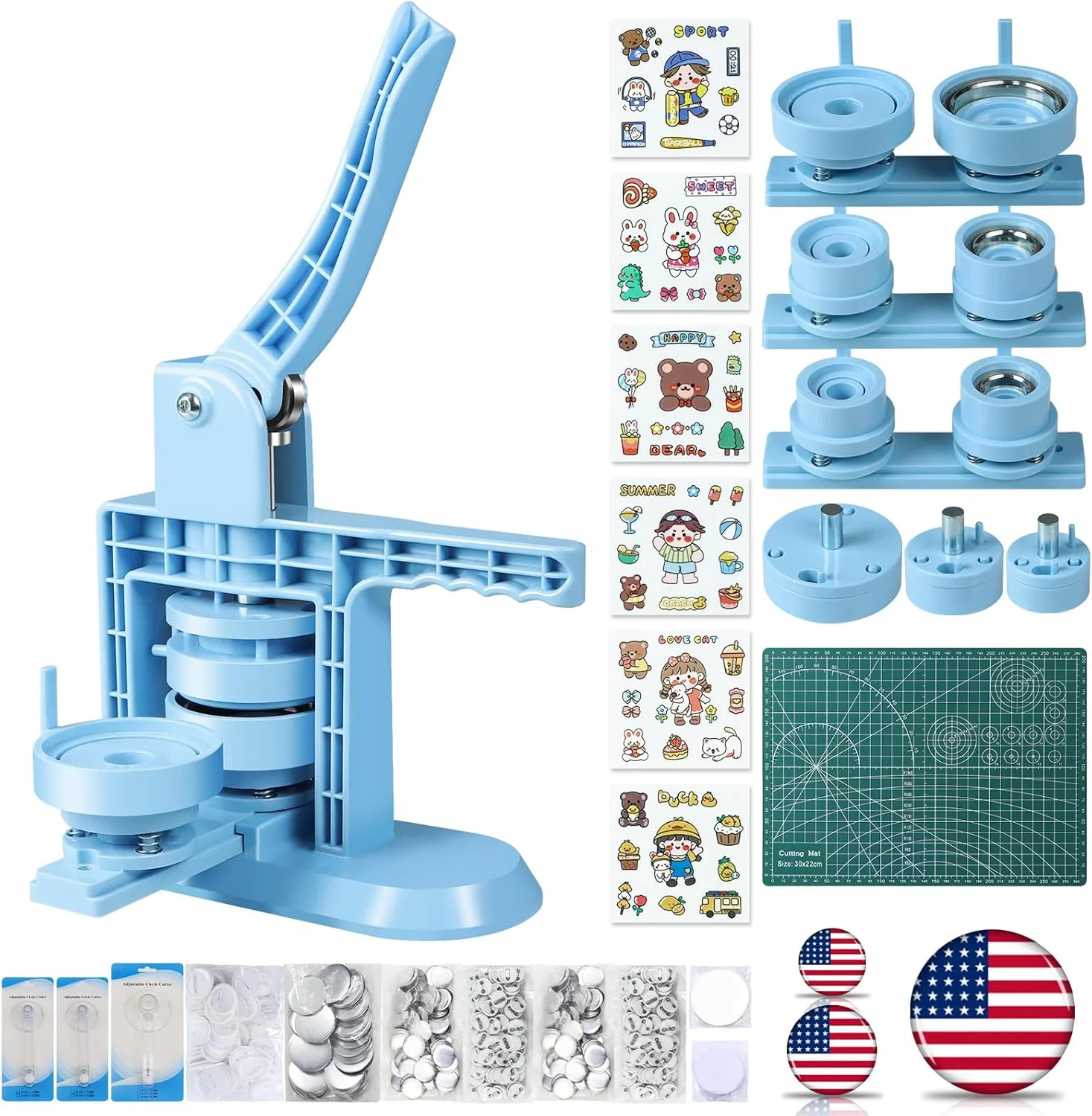 Happizza Button Maker Machine Multiple Sizes (4th Gen), Pin Maker 1+1.25+2.25 inch / 25+32+58mm, Badge Button Press Machine with Cutting Mat & 300 Sets Badge Making Supplies & Circle Cutter