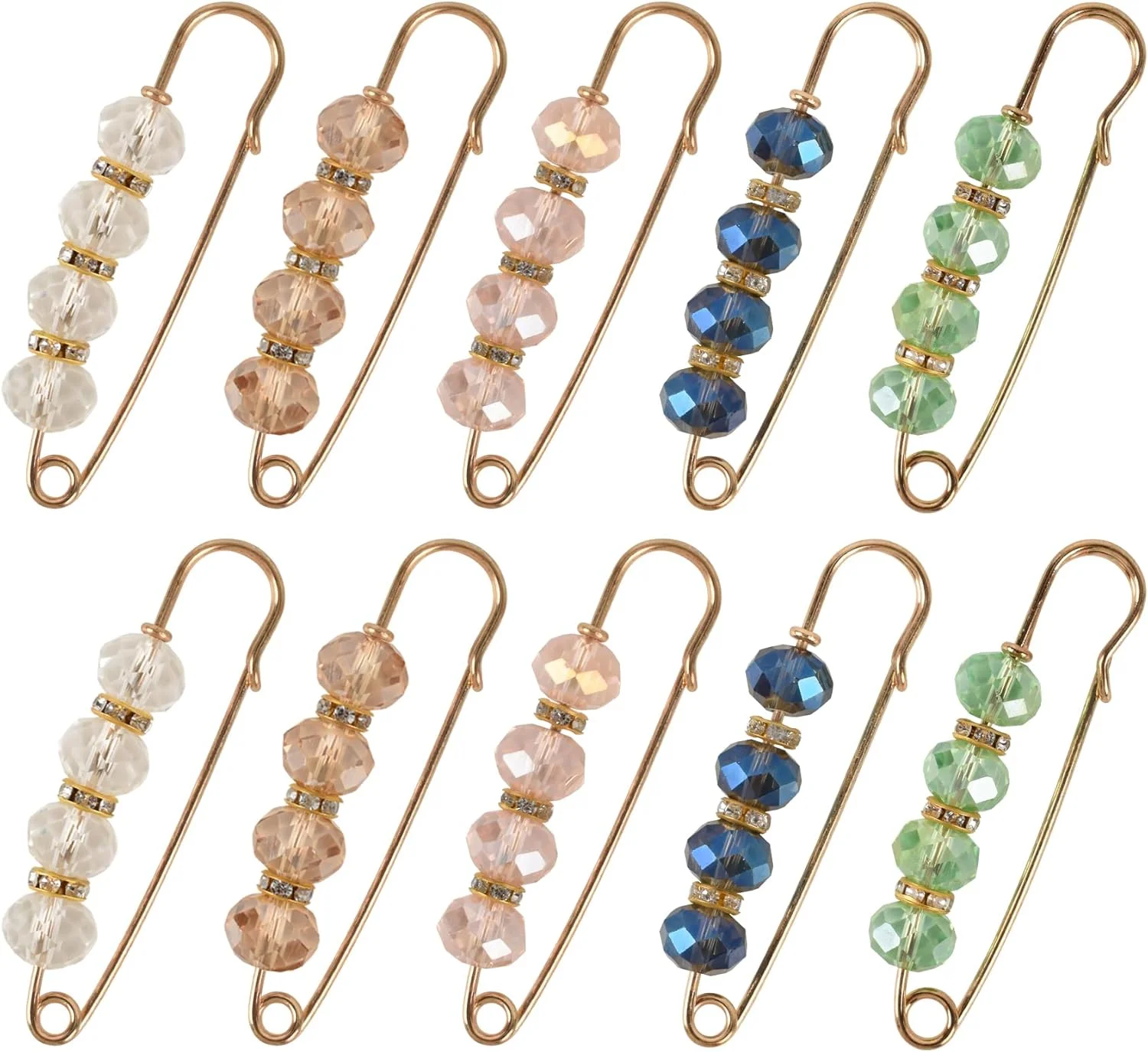 Hanycon Faux Rhinestone Safety Pins, 10pcs 2.76inch Sweater Shawl Clip Crystal Brooch Pins for Women Clothing Dress Pants Skirt Waist Pants Extender Dressing Accessories
