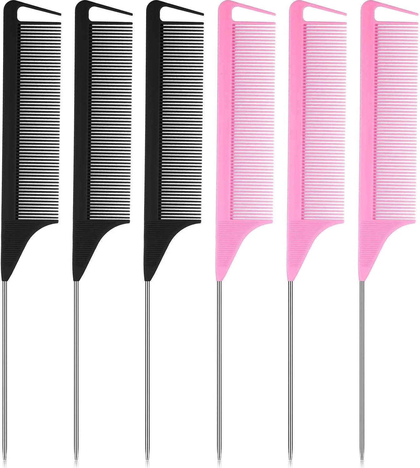 شانه فرق باز کن مو KASTWAVE، 6 عدد شانه دم باریک استیل ضد زنگ، شانه موش دم، شانه پوش دهنده، برای اصلاح مو، حالت دهی آرایشگری، شانه های حالت دهنده فرق باز کن آرایشگاهی - مشکی، صورتی