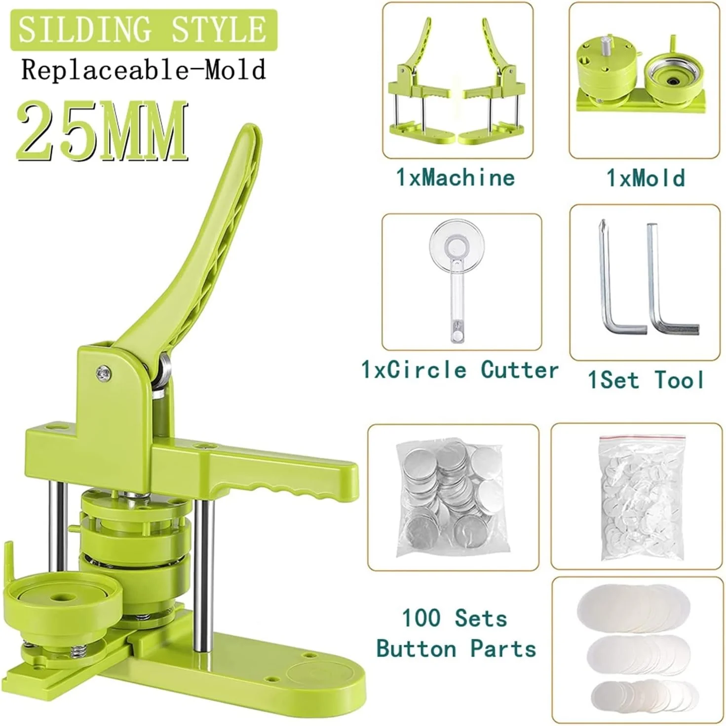دستگاه دکمه ساز GZDcjsc، شامل 100 عدد دکمه فلزی، برش دایره ای، تصاویر، واشر، دستگاه پرس پانچ نشان سینه، قطعات دکمه برای لوازم صنایع دستی DIY و برش دایره ای