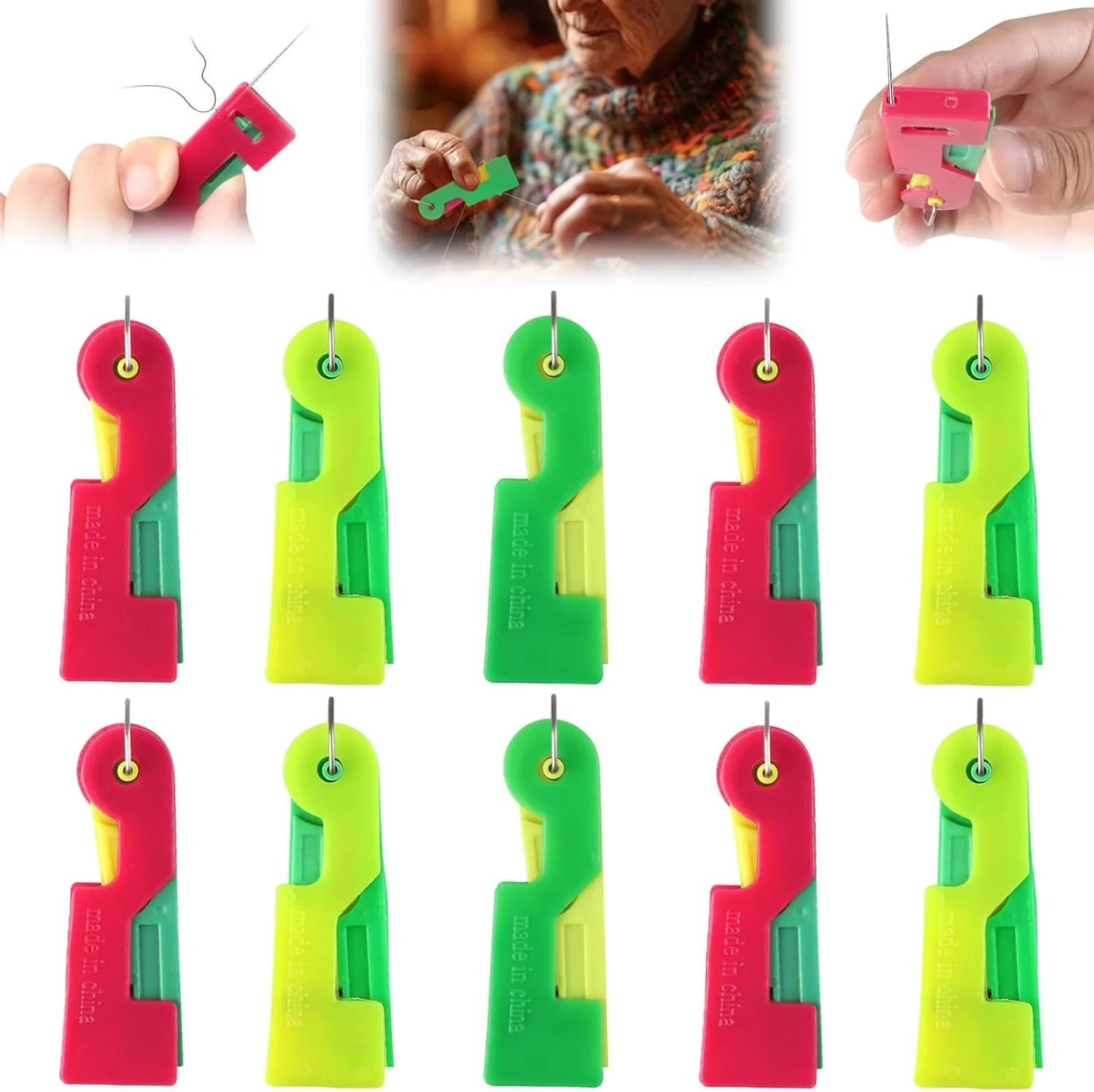 نخ‌کن اتوماتیک سوزن GOTOPCLS، بسته 10 عددی لوازم نخ‌کن سوزن پلاستیکی چند رنگی برای خیاطی دستی، ابزار راهنمای نخ مناسب برای گلدوزی، صنایع دستی کوک متقاطع (3 رنگ)