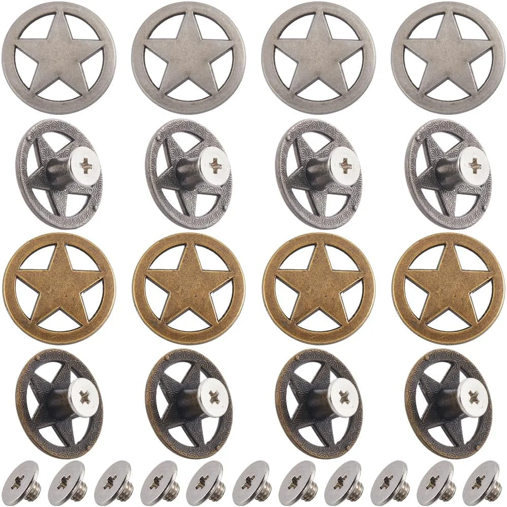 GORGECRAFT 1 Box 20 Sets 2 Colors Star Decorative Buckles Vintage Concho Screw Back Hollow Out Buttons Replacement Round Metal Buckle Castings for DIY Leather Sewing Craft Purse Bags Decor 3/4"