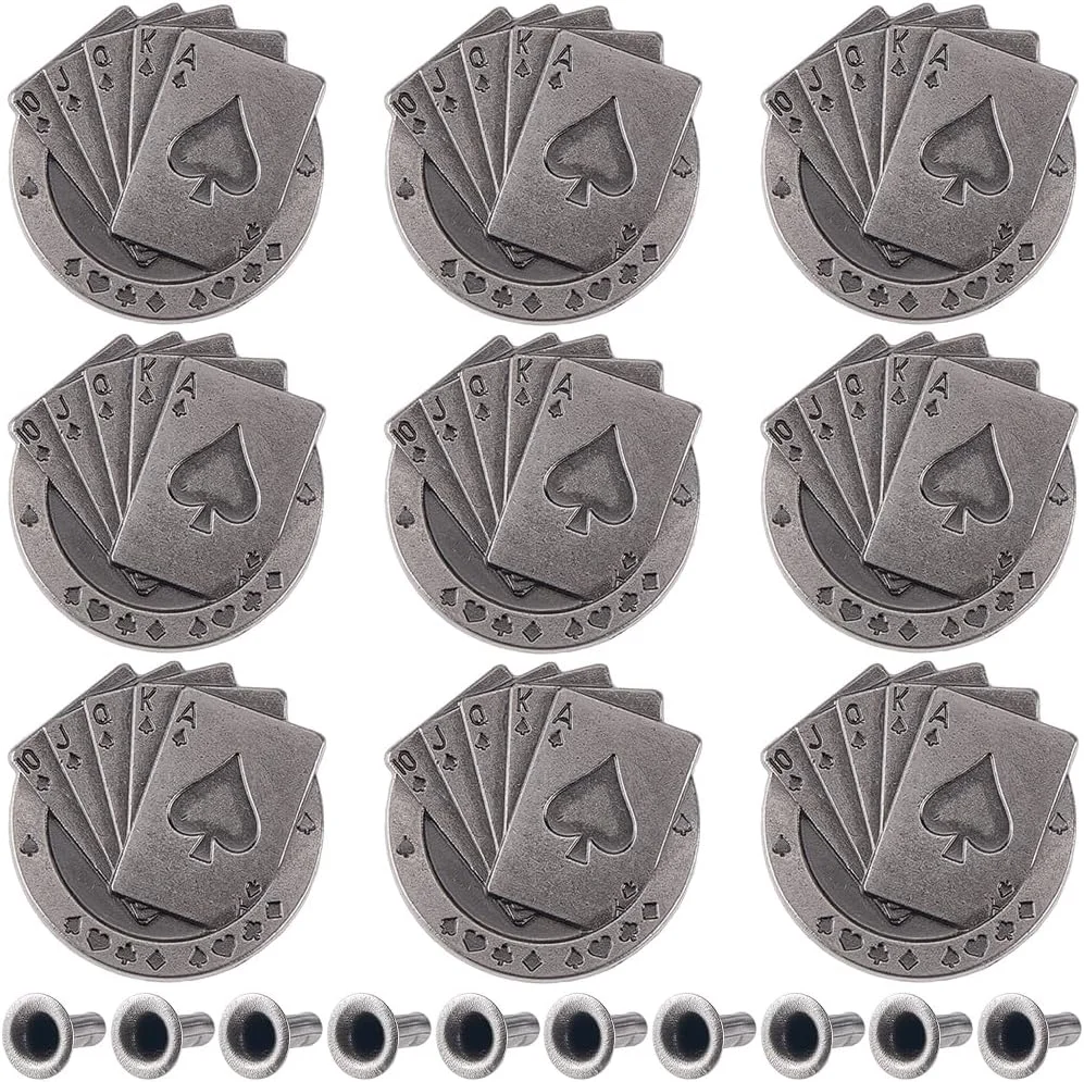 GORGECRAFT 1 جعبه 10 ست دکمه های پشتی پیچی کارت بازی سگک های آلیاژی نقره ای عتیقه تبتی Conchos Castings Snap Fastener تزیینات چرمی تزئینی قدیمی برای کیف پول کمربند جلیقه کیف