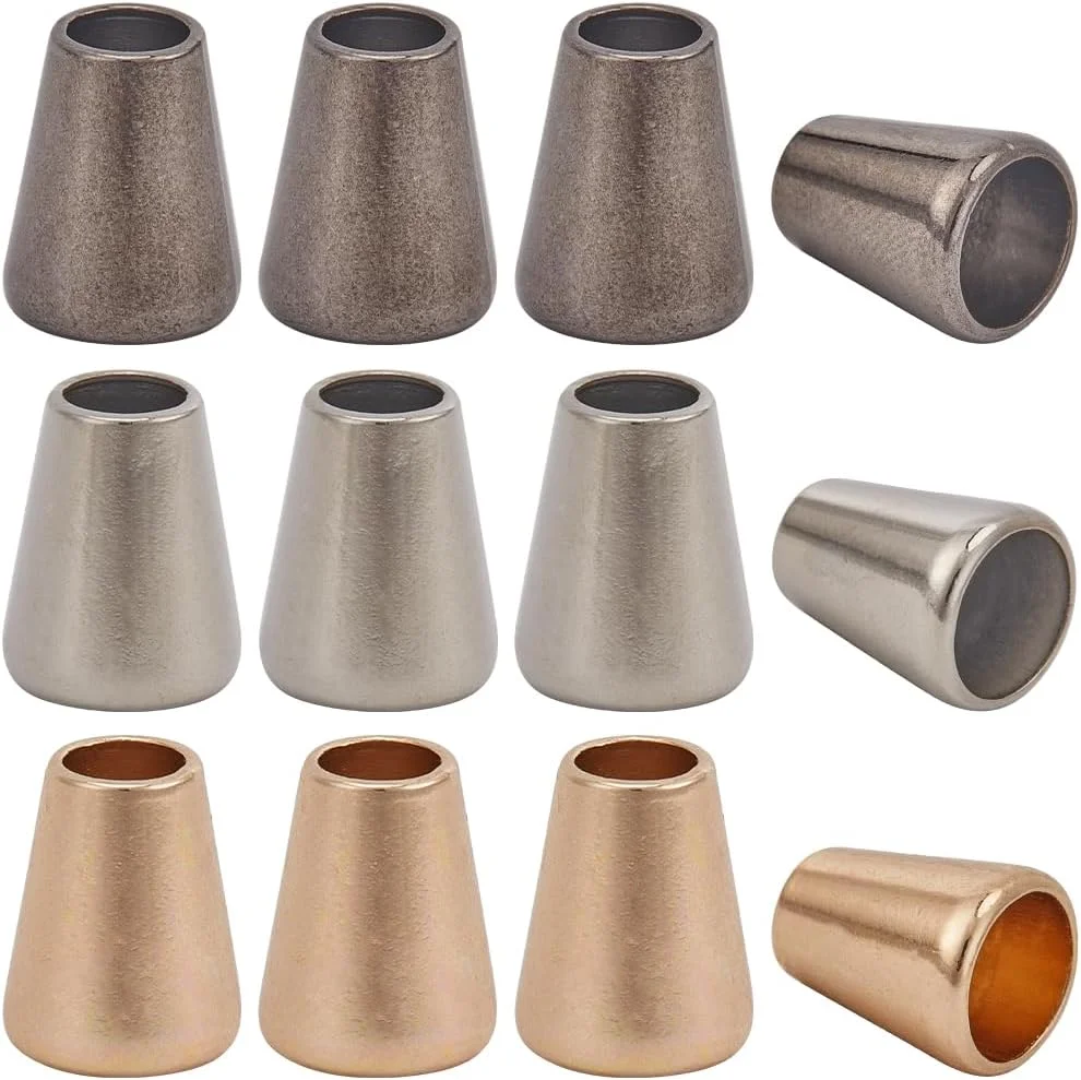 GORGECRAFT 1 جعبه 30 عددی قفل زنگوله ای فلزی 3 رنگ 5x8x12 میلی متر، سرپوش های انتهایی مخروطی طناب، بست قفل کننده طناب، قفل بند زیپ برای بند کشی، کوله پشتی، کیف، صنایع دستی هنری DIY طلایی نقره ای