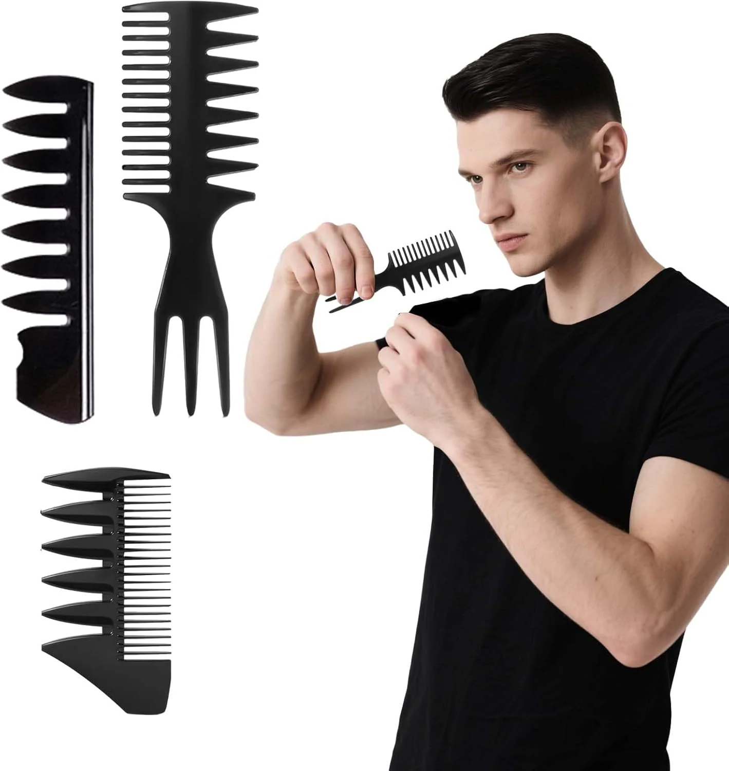 ست حالت دهنده موی مردانه Flomiara شامل 3 عدد شانه مو، شانه با دندانه پهن بافت دار آرایشگری برای مدل های کوئیف، پمپادور، آندرکات، مناسب برای انواع مدل موهای مردانه، وینتیج، مناسب برای استفاده در منزل و آرایشگاه ها