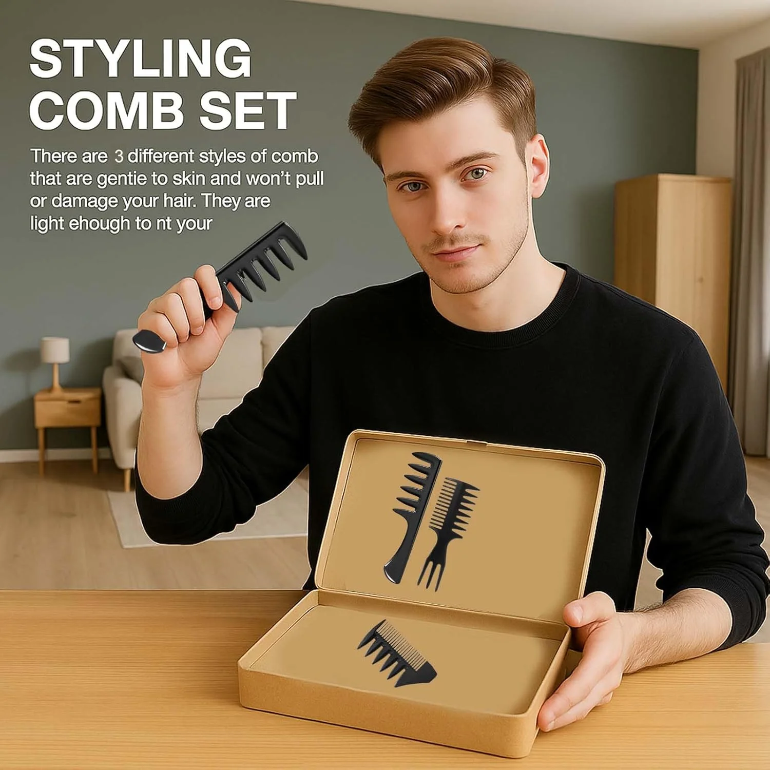 ست حالت دهنده موی مردانه 3 تکه Flomiara، شانه های مو آرایشگری دندانه پهن، بافت کویف، پمپادور، آندرکات مناسب برای انواع مدل موهای مردانه، وینتیج، مناسب برای استفاده در منزل و توسط آرایشگران