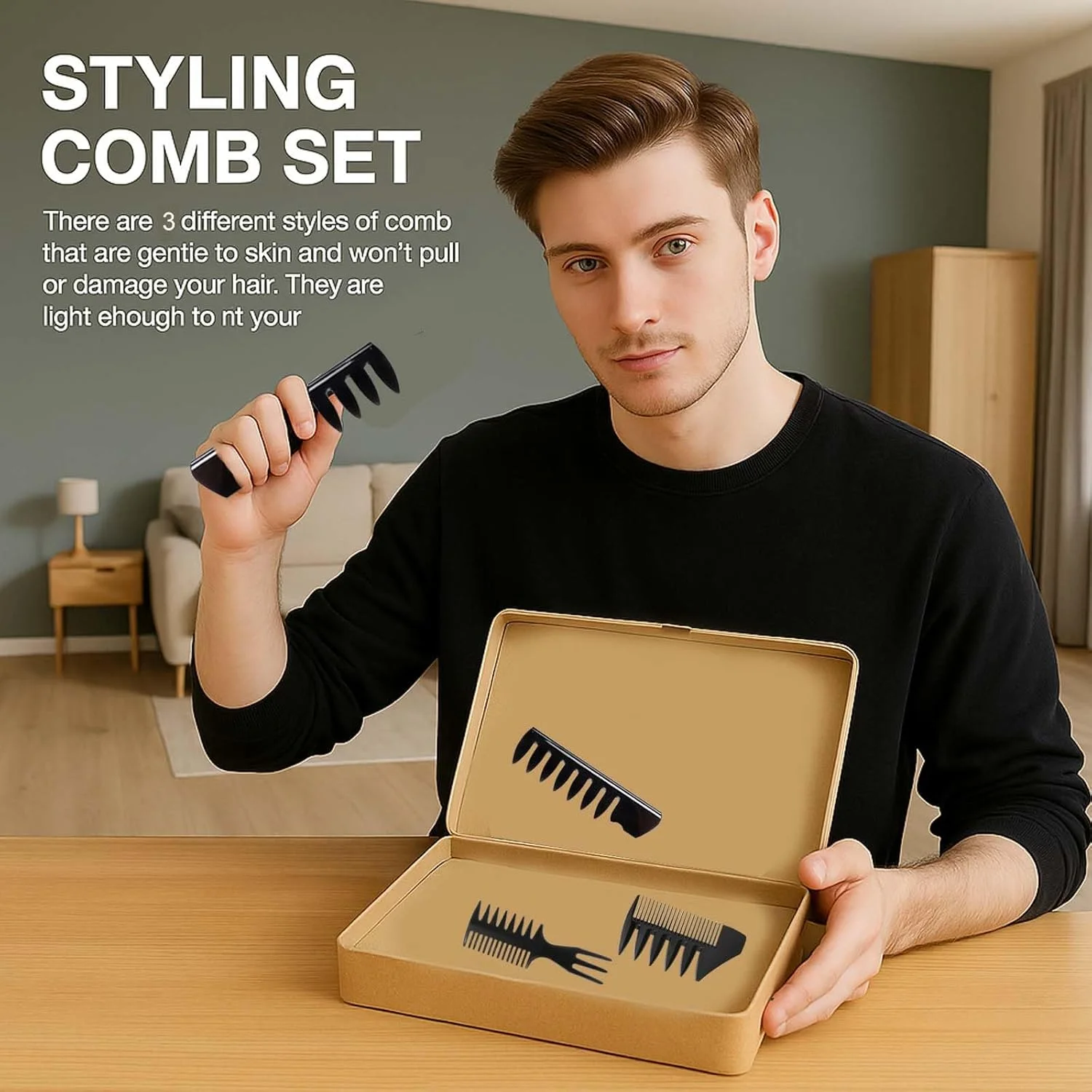 ست حالت دهنده موی مردانه Flomiara شامل 3 عدد شانه مو، شانه با دندانه پهن بافت دار آرایشگری برای مدل های کوئیف، پمپادور، آندرکات، مناسب برای انواع مدل موهای مردانه، وینتیج، مناسب برای استفاده در منزل و آرایشگاه ها