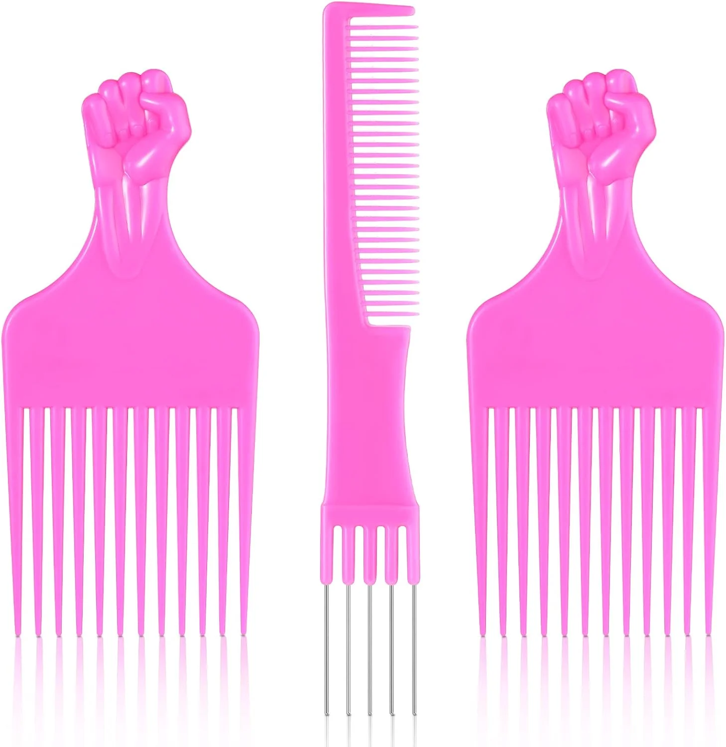 مجموعه شانه پیک مو CHENGU شامل 3 عدد - شانه‌های پوش دهنده و بلند کننده مو سالنی با دندانه‌های استیل ضد زنگ برای خانم‌ها (کربن صورتی یا مشکی)