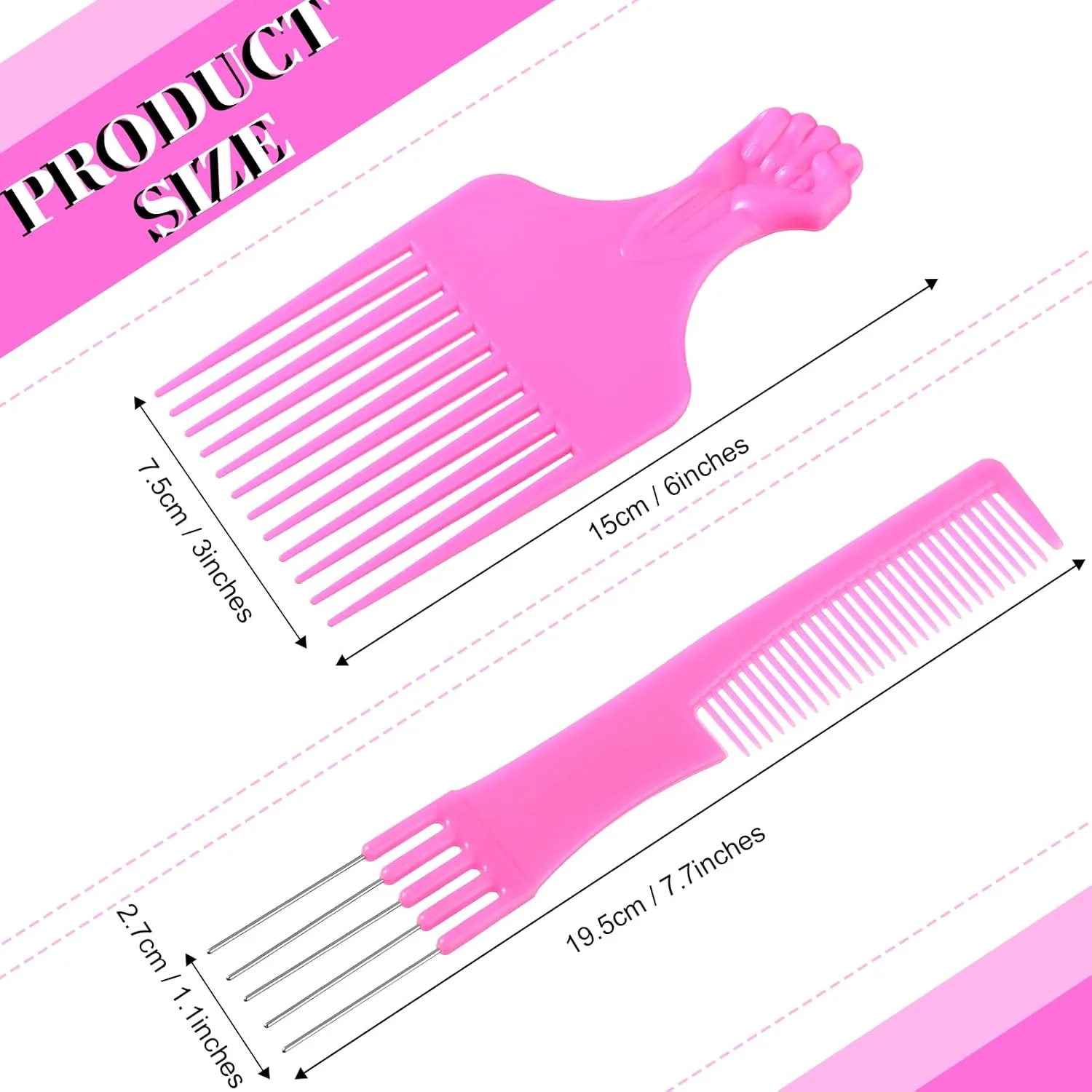 مجموعه شانه پیک مو CHENGU شامل 3 عدد - شانه‌های پوش دهنده و بلند کننده مو سالنی با دندانه‌های استیل ضد زنگ برای خانم‌ها (کربن صورتی یا مشکی)