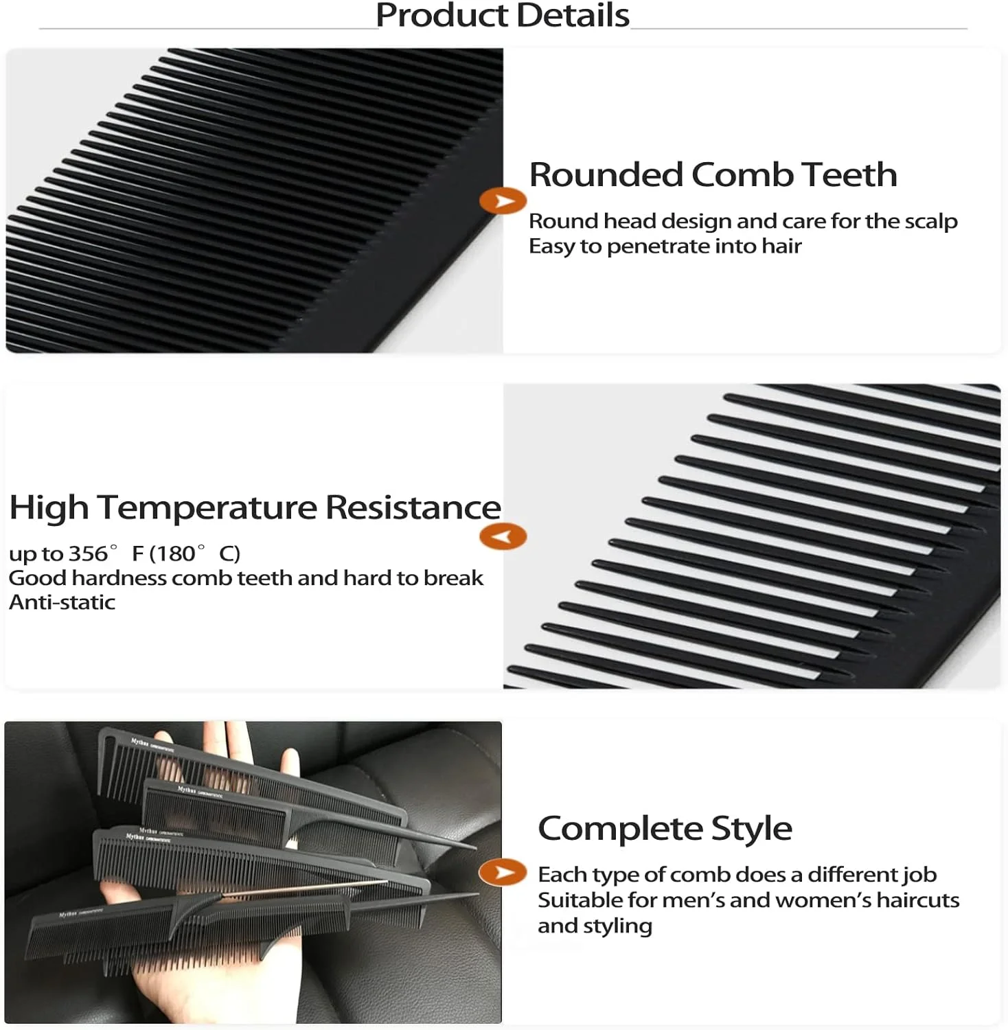 ست شانه 9 عددی فیبر کربنی آرایشگری CestoMen، شانه ضد الکتریسیته ساکن برای کوتاهی مو، شانه کربنی آرایشگاهی، شانه دم موشی برای انواع مو - مشکی