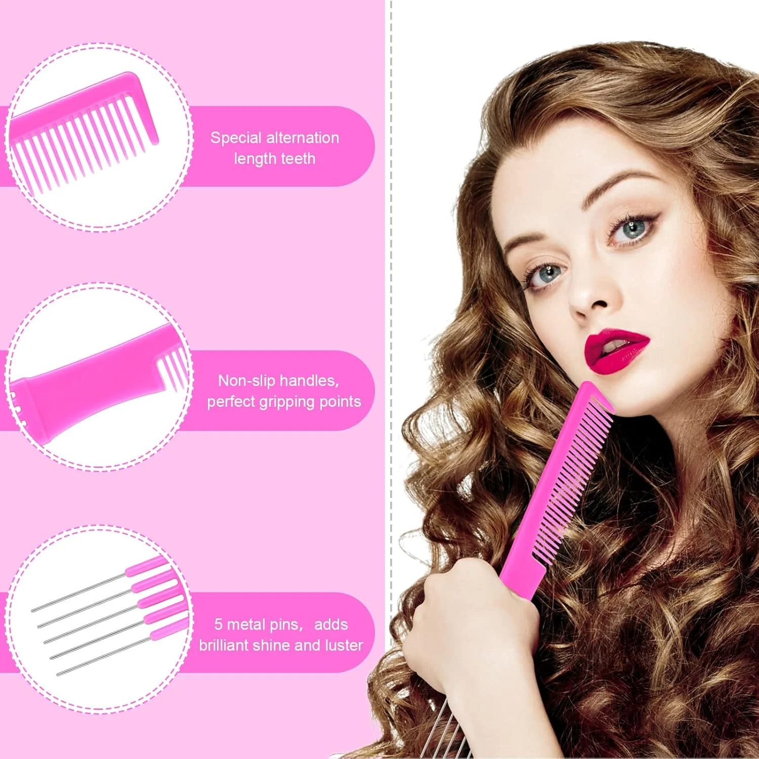 مجموعه شانه پیک مو CHENGU شامل 3 عدد - شانه‌های پوش دهنده و بلند کننده مو سالنی با دندانه‌های استیل ضد زنگ برای خانم‌ها (کربن صورتی یا مشکی)