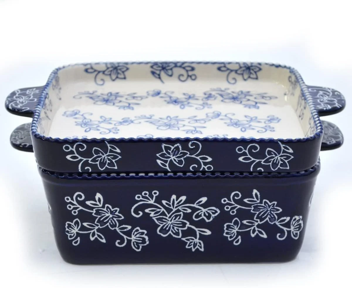 ظرف پخت مربع عمیق تِمپ-تیشنز® با طرح توری گلدار به همراه درب سرامیکی - 2 تکه - آبی - ظروف سرامیکی دست ساز و ایمن برای فر، مایکروویو، فریزر و یخچال، مناسب پخت، سرو و هدیه آشپزی