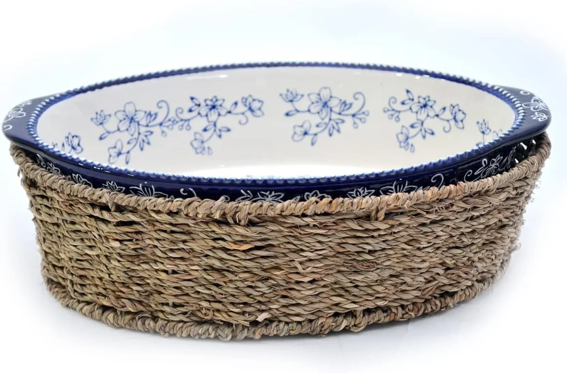 ظرف بیضی سرامیکی طرح توری گلدار تمپتیشنز® به همراه سبد بافته شده از علف موز - آبی - قابل استفاده در فر، مایکروویو، فریزر و یخچال، ظروف سرامیکی دست ساز و رنگ آمیزی شده برای پخت و سرو غذا، مناسب آشپزخانه و هدیه