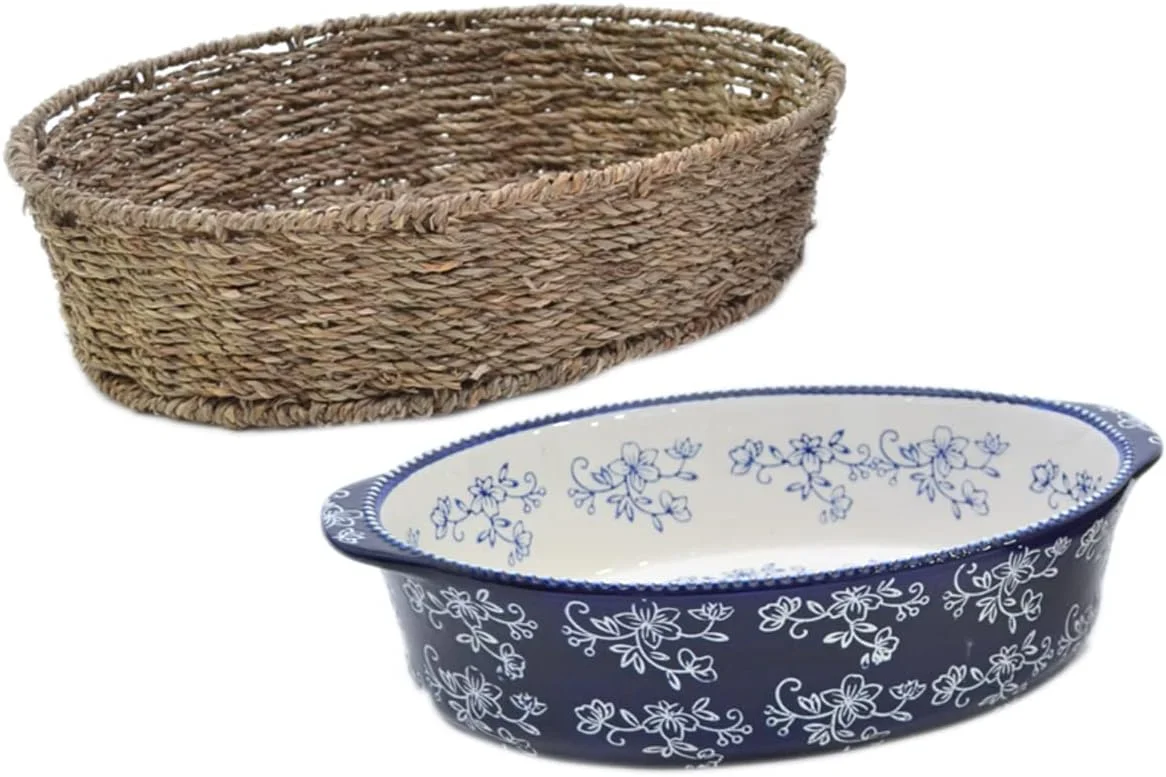 ظرف بیضی سرامیکی طرح توری گلدار تمپتیشنز® به همراه سبد بافته شده از علف موز - آبی - قابل استفاده در فر، مایکروویو، فریزر و یخچال، ظروف سرامیکی دست ساز و رنگ آمیزی شده برای پخت و سرو غذا، مناسب آشپزخانه و هدیه