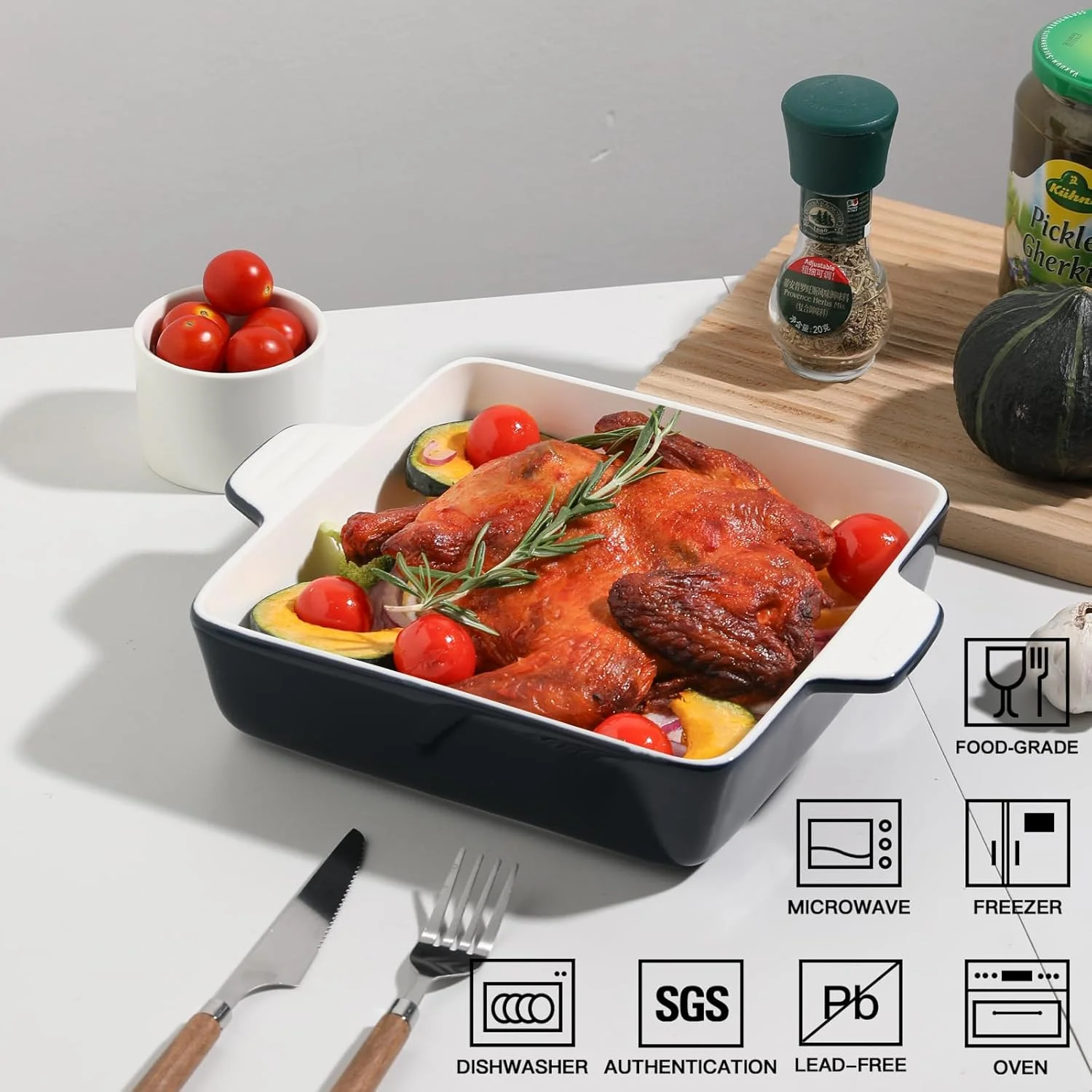 ظرف پخت سرامیکی Sweejar، قالب پخت کیک 9x9 برای براونی، ظروف پخت مربعی چینی با دسته دوتایی برای سوفله، لازانیا، شام خانوادگی (سرمه ای) ظرف پخت سرامیکی Sweejar، قالب پخت کیک 9x9 برای براونی، ظروف پخت مربعی چینی با دسته دوتایی برای سوفله، لازانیا، شام خانوادگی (سرمه ای)