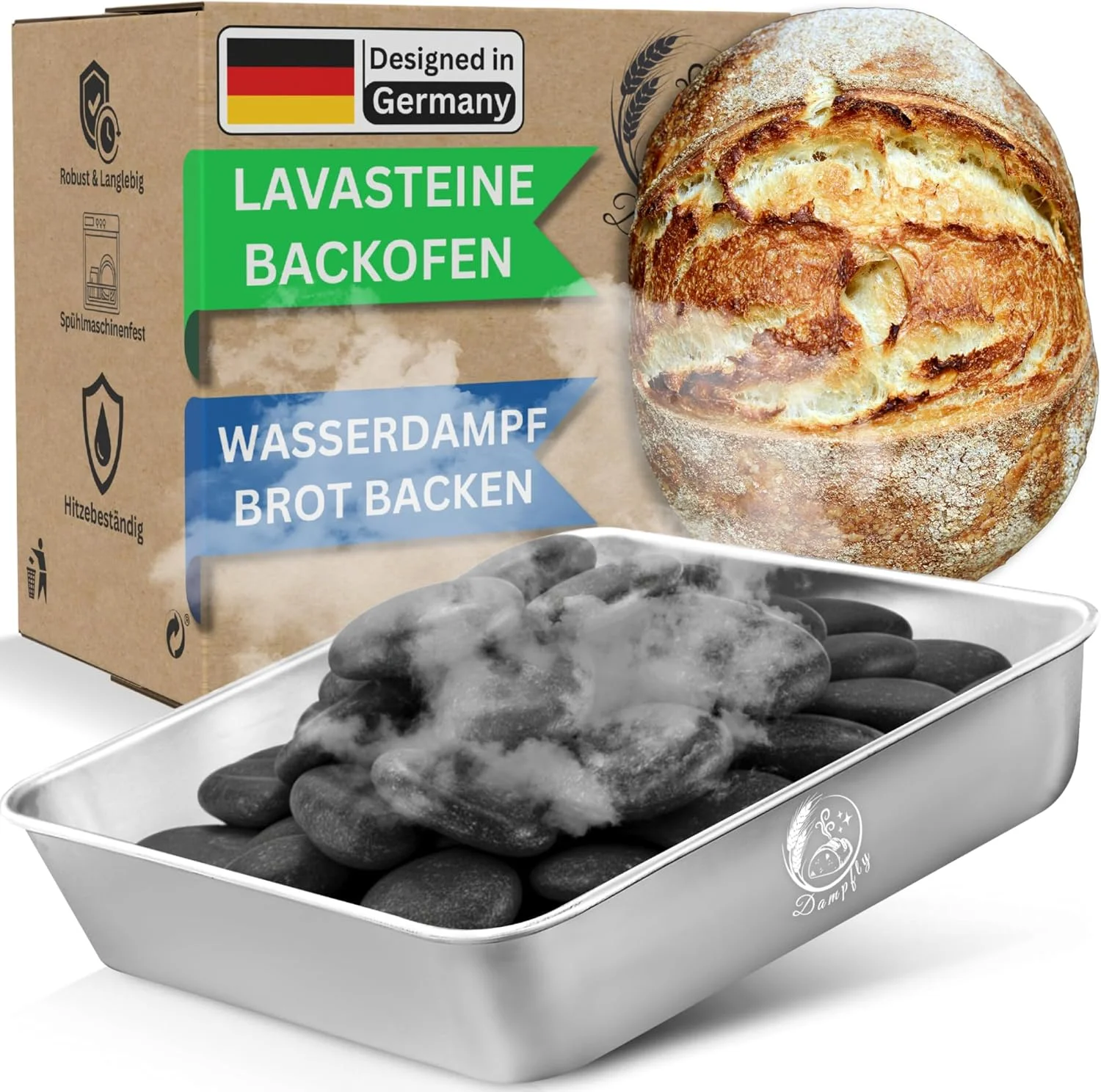 ست کاسه بخار سنگ لاوا برای فر: پخت نان عالی با بخار آب - نان و شیرینی ترد مانند یک نانوای حرفه ای (سنگ های سیاه نقره ای)
