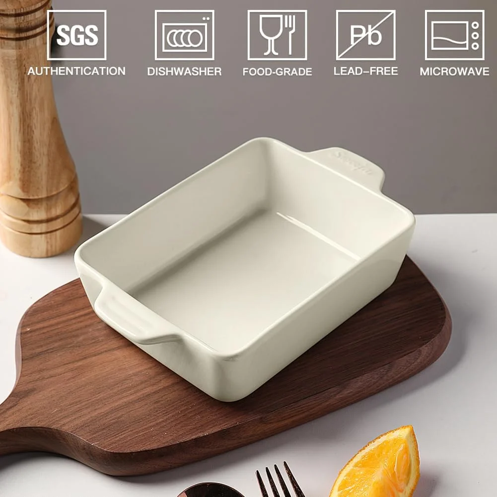 ظرف پخت سرامیکی Sweejar، تابه مستطیلی کوچک با دسته‌های دوتایی، 590 میلی‌لیتر برای پخت و پز، کیک شکلاتی، آشپزخانه، 16.5 x 12.4 x 4.6 سانتی‌متر (بژ)