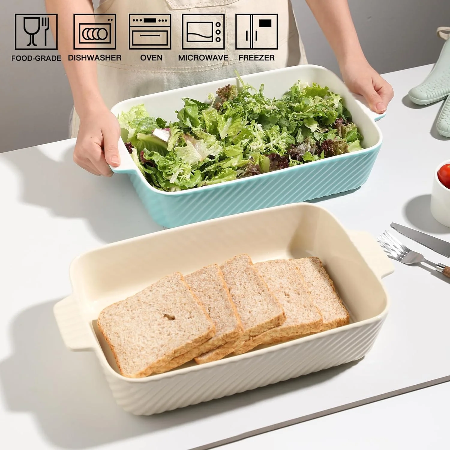 ظرف پخت سرامیکی Sweejar، سایز 33x23 سانتی متر، مناسب برای پخت کیک، ظرف راه راه چینی برای فر با دسته، مناسب برای لازانیا و شام خانوادگی (فیروزه ای) ظرف پخت سرامیکی Sweejar، سایز 33x23 سانتی متر، مناسب برای پخت کیک، ظرف راه راه چینی برای فر با دسته، مناسب برای لازانیا و شام خانوادگی (فیروزه ای)