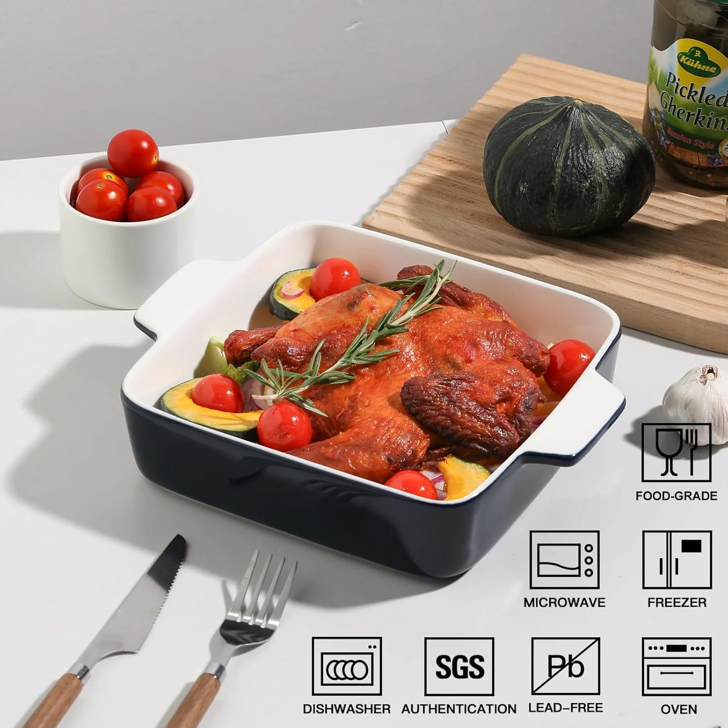 ظرف پخت سرامیکی Sweejar، قالب پخت کیک 8x8 برای براونی، ظروف پخت مربعی چینی با دسته دوتایی برای سوفله، لازانیا، شام خانوادگی (سرمه ای) ظرف پخت سرامیکی Sweejar، قالب پخت کیک 8x8 برای براونی، ظروف پخت مربعی چینی با دسته دوتایی برای سوفله، لازانیا، شام خانوادگی (سرمه ای)