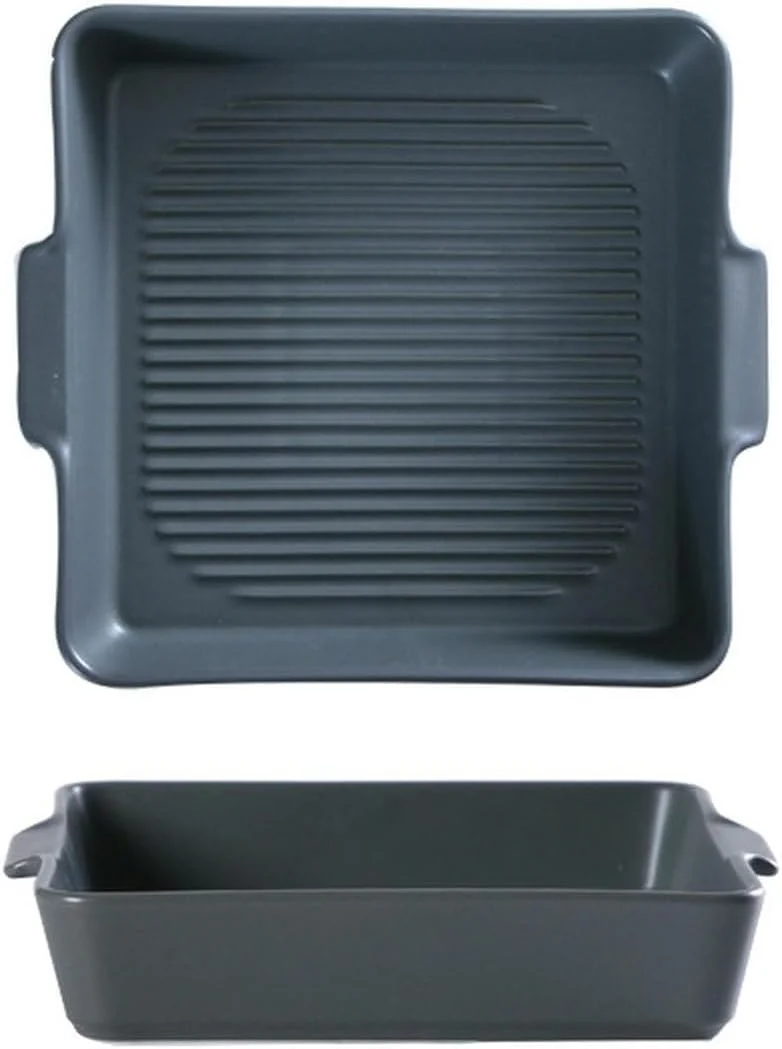 بشقاب سرامیکی تک رنگ ساده با دو دسته، بشقاب اسنک پخته شده راه راه خانگی - خاکستری