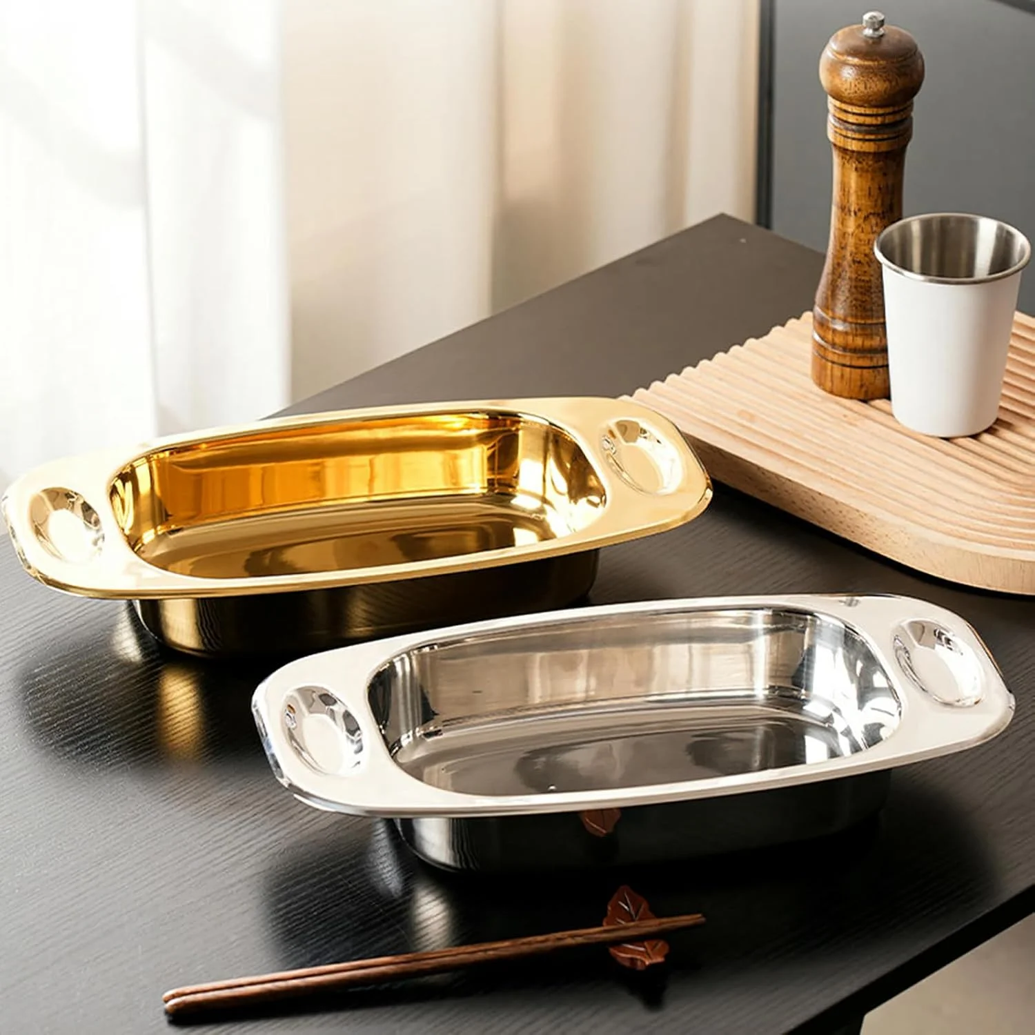 Stainless steel ears thickened rectangular baking tray household creative tableware-silver-large (52X27X7.5CM) Stainless steel ears thickened rectangular baking tray household creative tableware-silver-large (52X27X7.5CM)