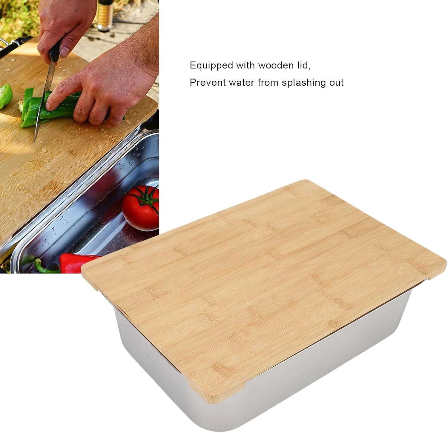 ظرف استیل ضد زنگ، لگن قابل حمل شستشوی سبزیجات، کاسه شستشوی ضد نشت استیل ضد زنگ با درب چوبی برای آشپزخانه کمپینگ، طراحی با ظرفیت بزرگ