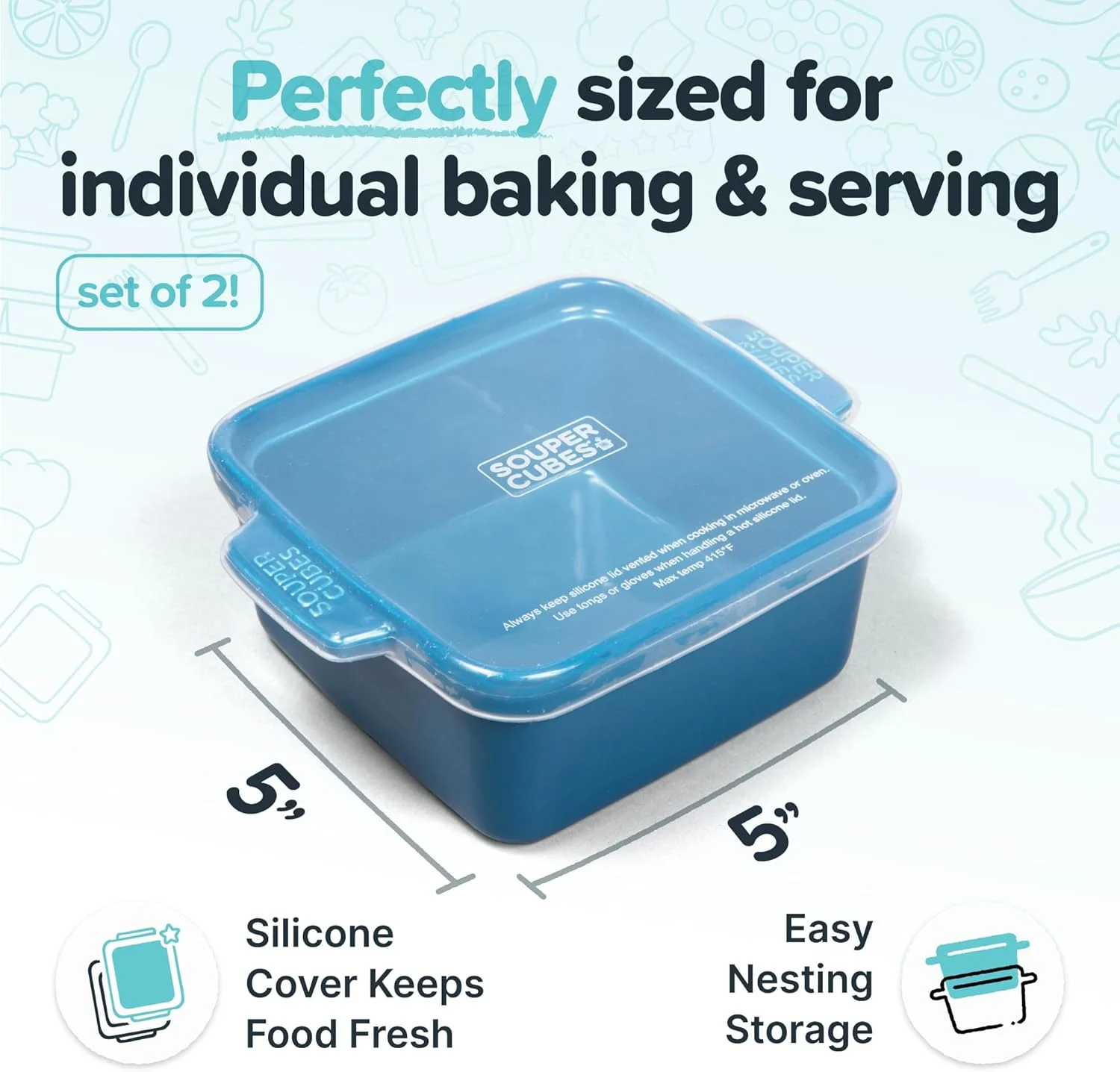 ظروف سنگی سوپر کیوبز - ست ظروف سرامیکی مربعی کوچک 5" x 5" با روکش سیلیکونی - ظروف کوچک فر - لوازم ضروری آشپزخانه و پخت و پز - ست 2 عددی - بلوبری ظروف سنگی سوپر کیوبز - ست ظروف سرامیکی مربعی کوچک 5" x 5" با روکش سیلیکونی - ظروف کوچک فر - لوازم ضروری آشپزخانه و پخت و پز - ست 2 عددی - بلوبری