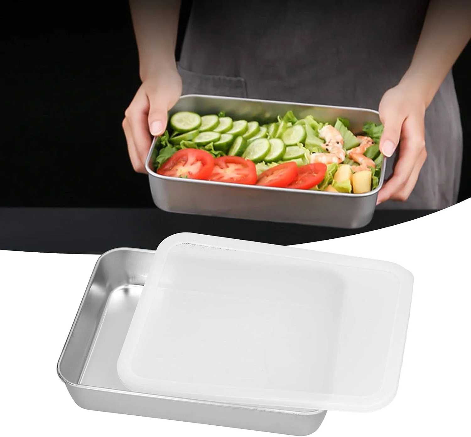 سینی فر استیل ضد زنگ نچسب، جعبه نگهداری مواد غذایی با درب و لبه عمیق برای پخت و پز در آشپزخانه (M) سینی فر استیل ضد زنگ نچسب، جعبه نگهداری مواد غذایی با درب و لبه عمیق برای پخت و پز در آشپزخانه (M)