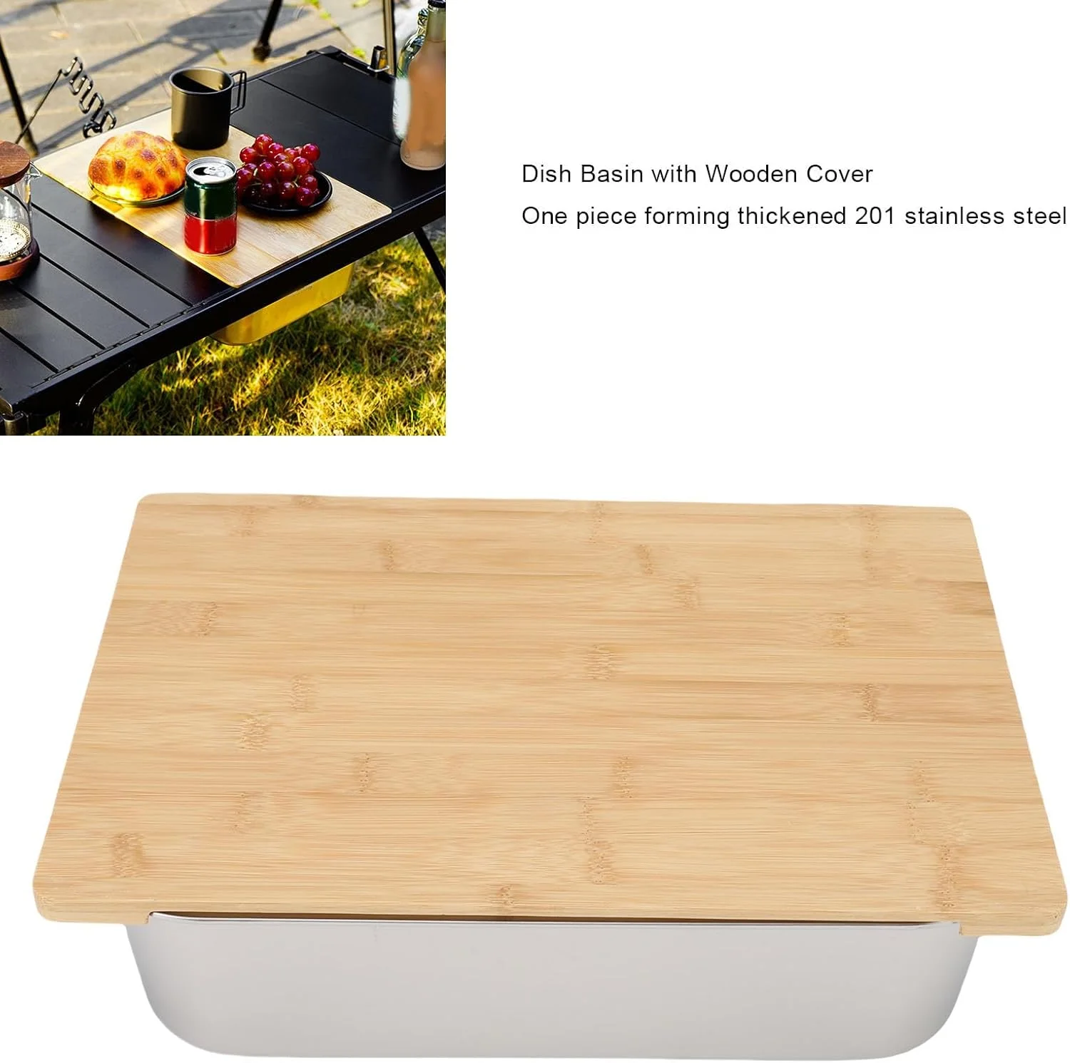 ظرف استیل ضد زنگ، لگن قابل حمل شستشوی سبزیجات، کاسه شستشوی ضد نشت استیل ضد زنگ با درب چوبی برای آشپزخانه کمپینگ، طراحی با ظرفیت بزرگ
