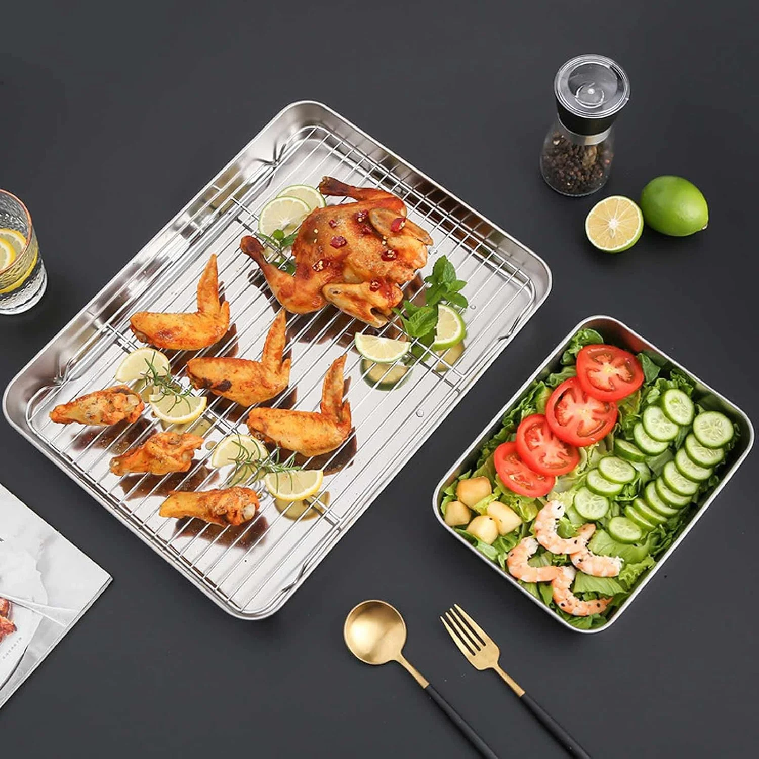 سینی فر استیل ضد زنگ نچسب، جعبه نگهداری مواد غذایی با درب و لبه عمیق برای پخت و پز در آشپزخانه (M) سینی فر استیل ضد زنگ نچسب، جعبه نگهداری مواد غذایی با درب و لبه عمیق برای پخت و پز در آشپزخانه (M)